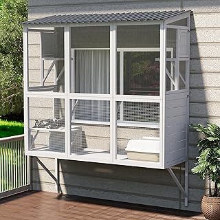 Catio Outdoor Cat Enclosure with Window Access, Large Window Catio Wood Cat House with 4 Platforms & 3 Doors for Napping & Nature Viewing – All-Weather Pet Cage for Indoor Cats, White