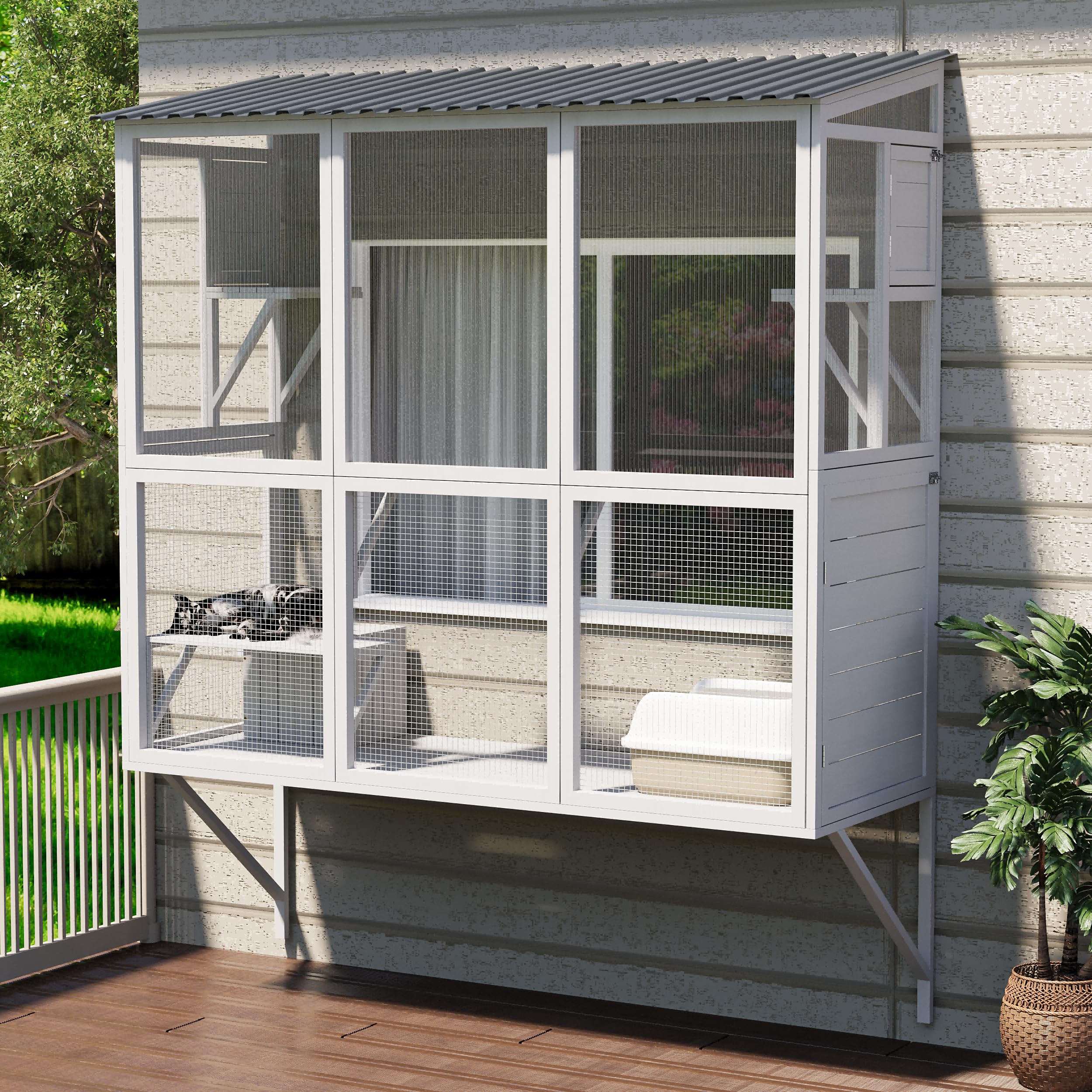 catio outdoor cat enclosure with window access, large window catio wood cat house with 4 platforms & 3 doors for napping & nature viewing - all-weather pet cage for indoor cats, white