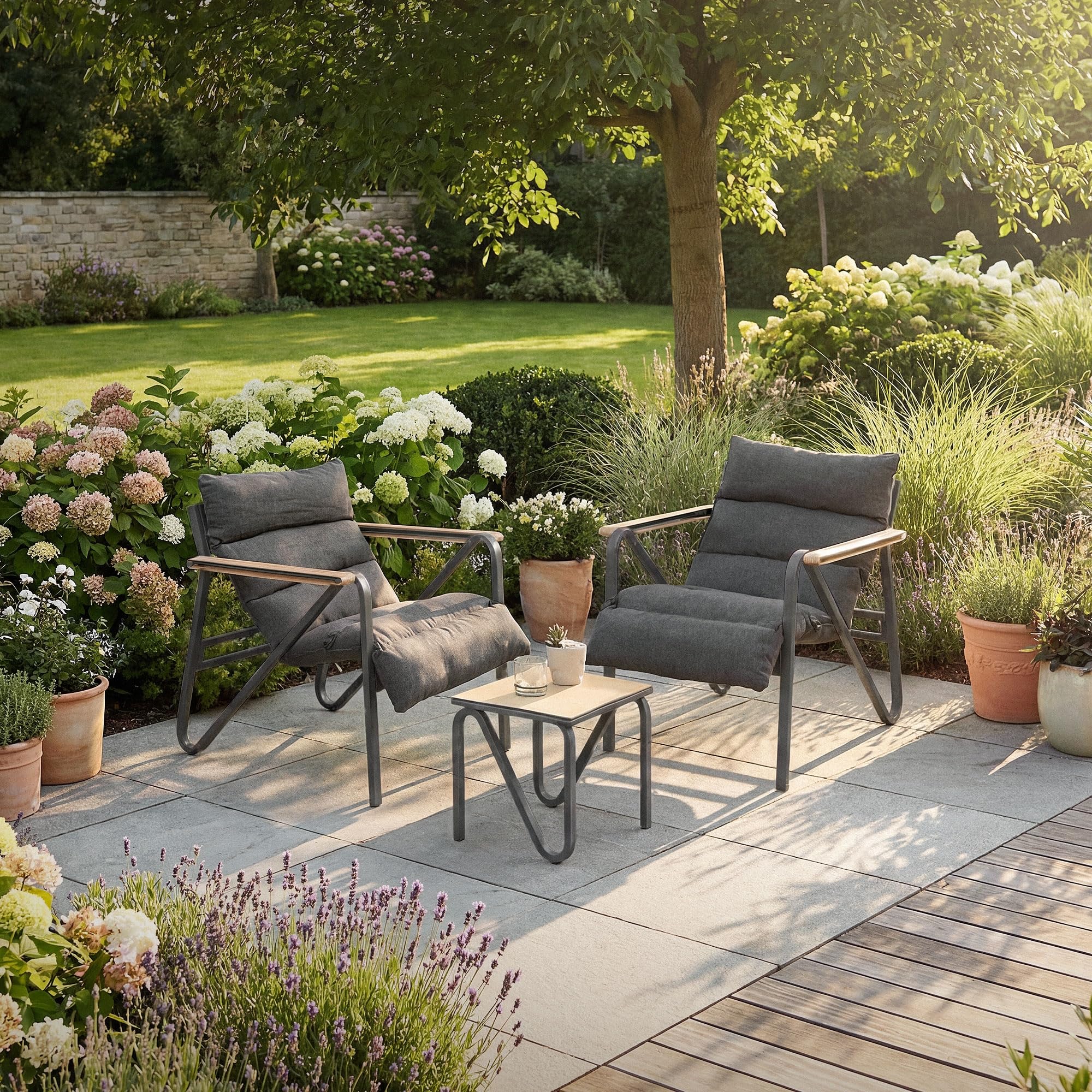 ML-Design Set Mobili da Giardino 3 Pezzi, Set Bistrot da Esterno in Acciaio, Grigio - Antracite, Include 2 Sedie con Cuscini e 1 Tavolo, Set Lounge per Terrazza e Balcone, Resistente alle Intemperie