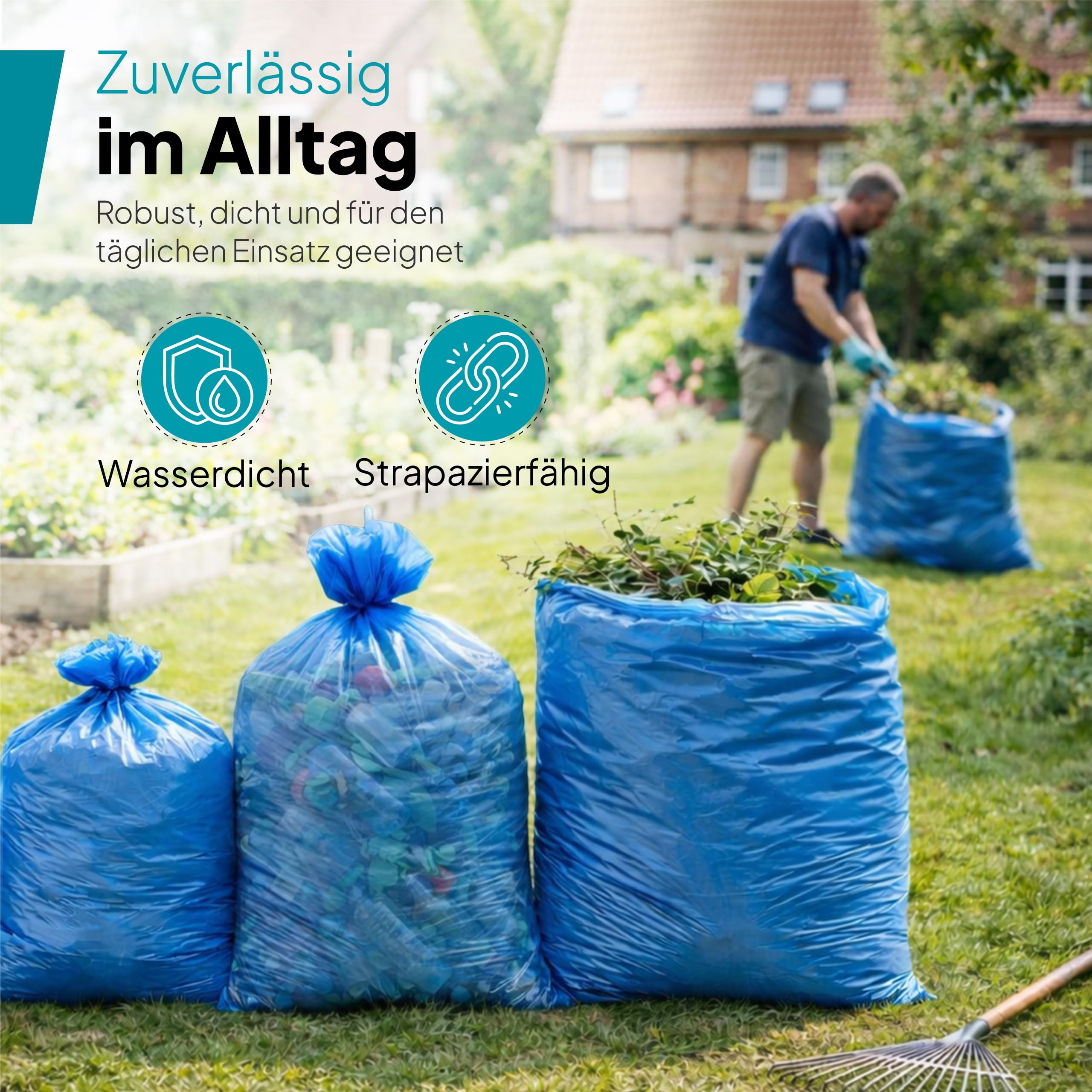 Commerline Bolsas de basura de 240 l, 10 rollos (100 unidades), color azul, 125 x 100 cm, resistentes a roturas y a prueba de fugas, para el hogar, oficina, comercio y gastronomía