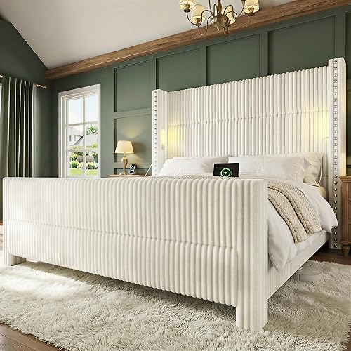 Queen Bed Frame with 56.7" Tall Headboard & Reading Lights, Corduroy Upholstered Wingback Platform Bed with Charging Station, Modern Retro Design, Noise Free, No Box Spring Required, Cream