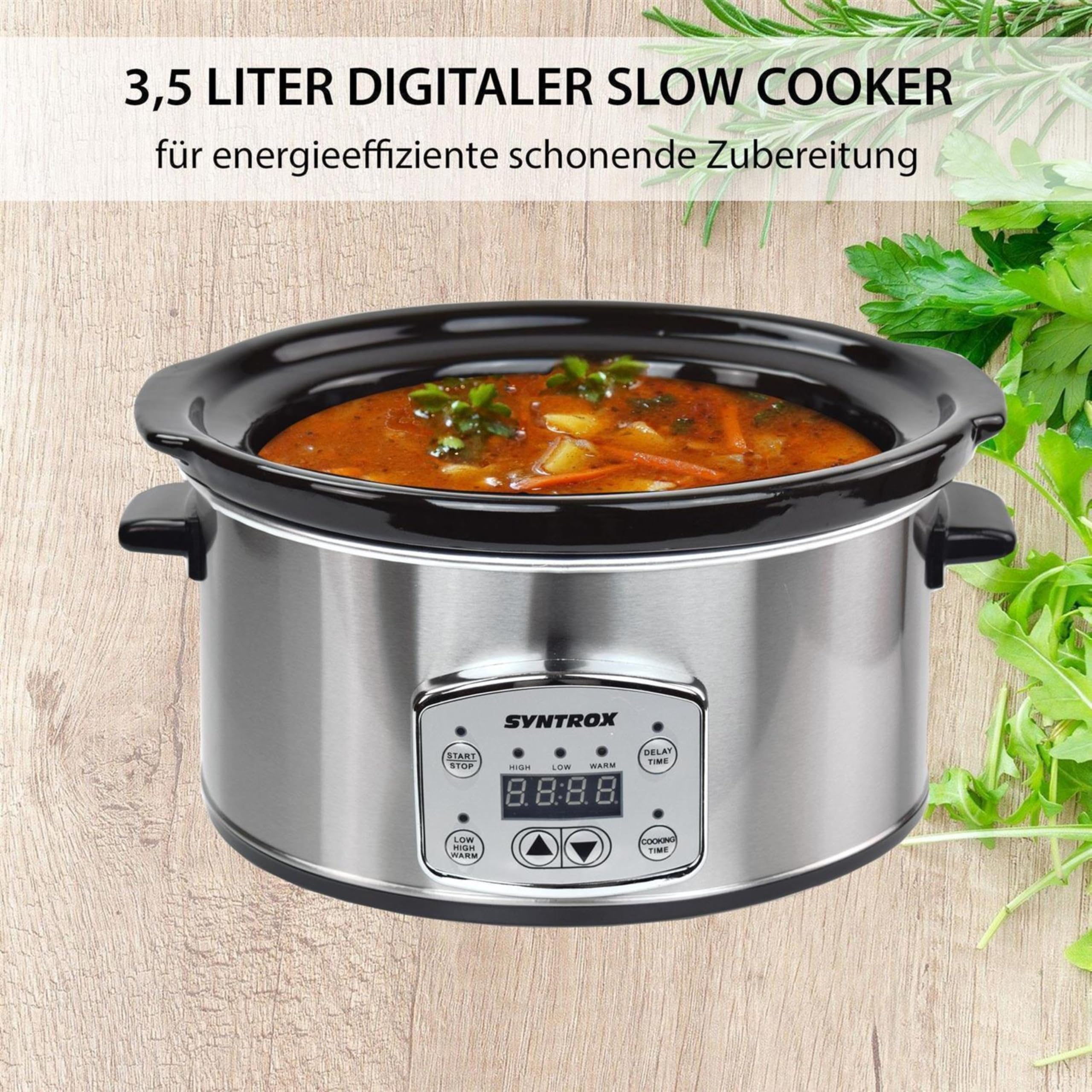 Syntrox Germany 4,5 l Slow Cooker | Schmortopf | Schongarer | Multikocher Annot, digitale Küchenuhr, Schonendes Langsamgaren, Edelstahl, Mikrowellengeeignet, Eintopfgerät