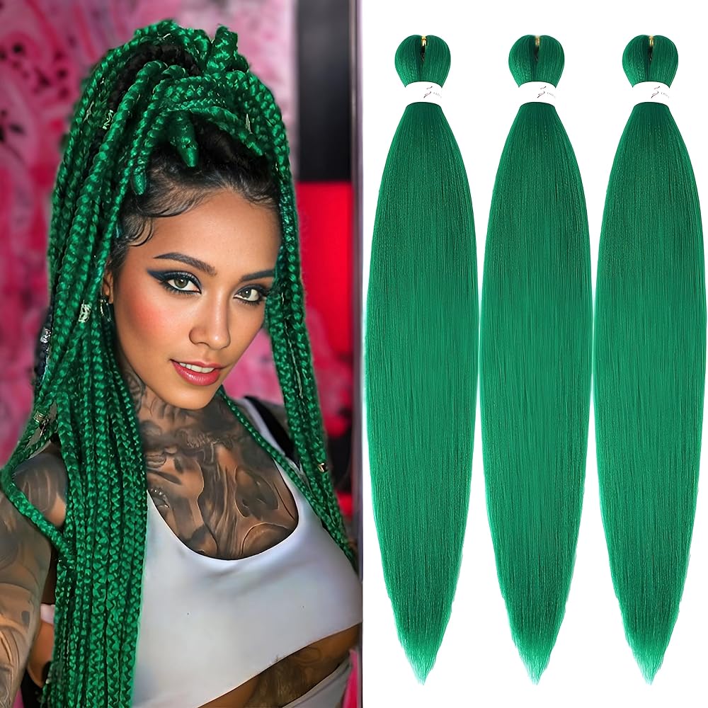 Pre-Stretched Braiding Hair Extensions Green Braiding hair 26 inch 3 Packs Synthetic Crochet Braids, Hot Water Setting Professional Soft Yaki Texture. (26inch(3Packs),Green)