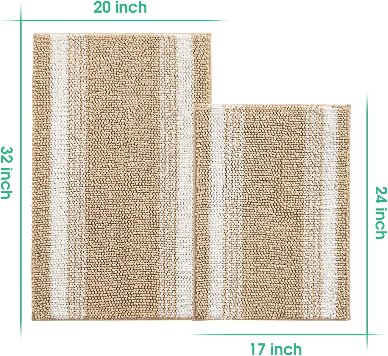Bath Mats Non Slip Chenille Bathroom Rugs Striped Soft Plush Shower Mats for Tub Water Absorbent Bathroom Mat Quick Dry Machine Washable (Khaki, 20x32)