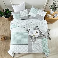 Vista 6 de Finlonte - Juego de edredón de algodón tamaño queen, floral, retazos reales, reversible, ligero y de color verde, gris y blanco para cama