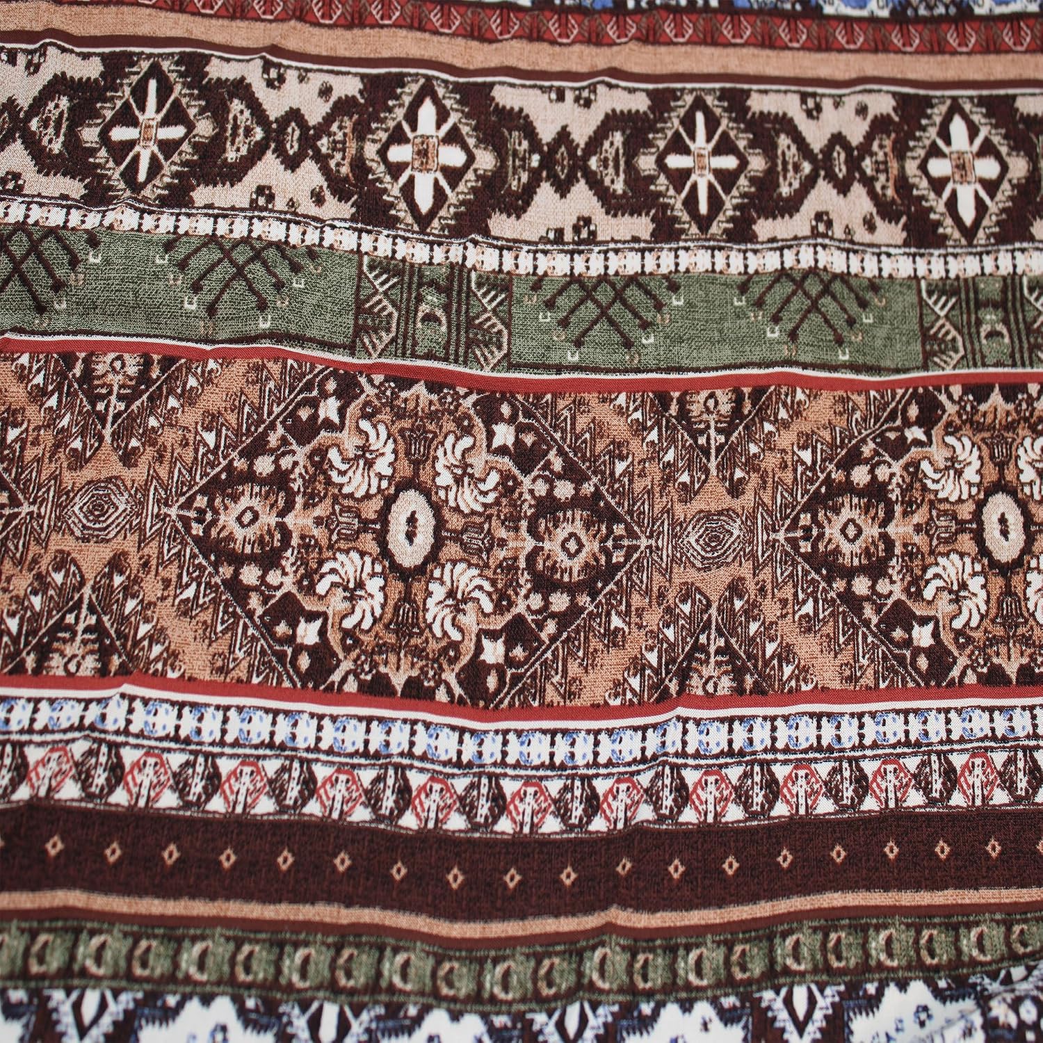 Brown Olive Ethnic Design Printed 55" Light-Weight Rayon Challis Fabric by The Yard