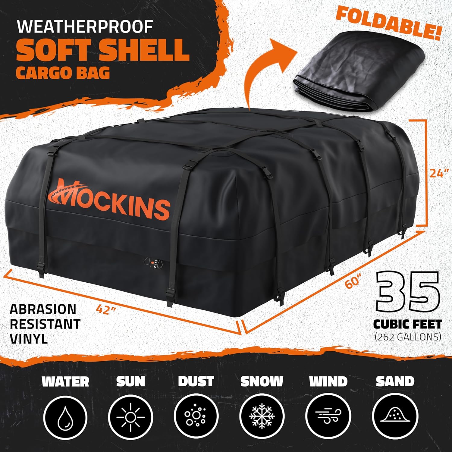 Mockins 35 Cu Ft Black Rooftop Cargo Carrier Bag | 60"x42"x24" Roof Bag Cargo Carrier for Top of Vehicle | Vehicle Soft-Shell Carriers for Car Roof Storage w/Accessories | Use with or w/o Roof Rack
