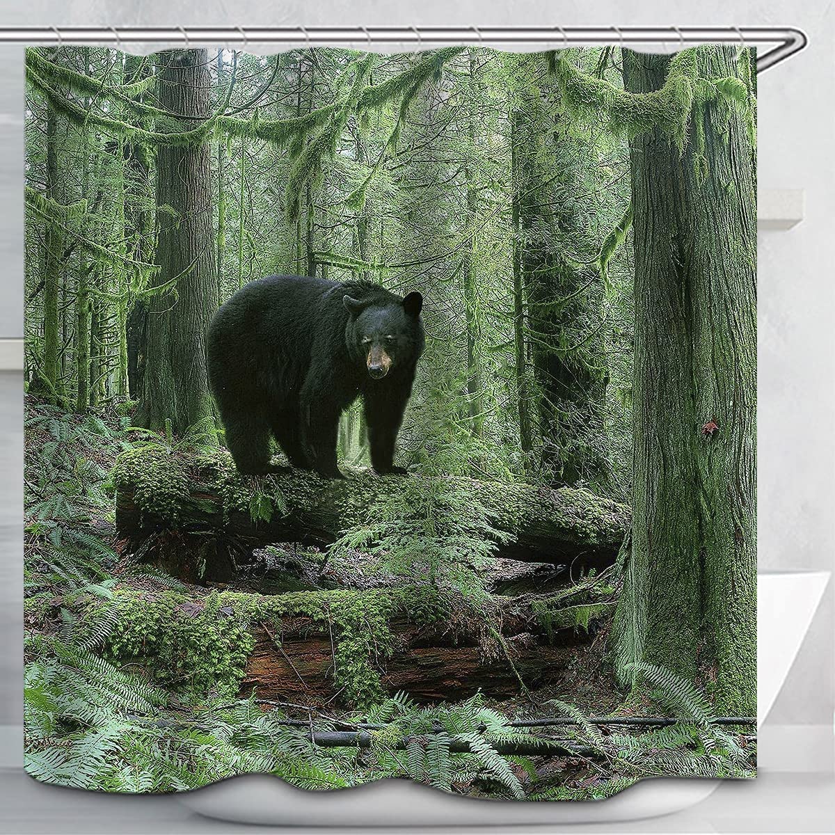 Black Bear Shower Curtain,Black Bear in Green Virgin Forest Waterproof Fabric Shower Curtain 12 Hooks Watercolor Decorative Bath Curtain Modern Bathroom Accessories Shower Custom 60 x 70 inch