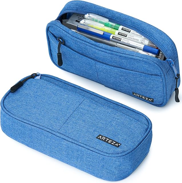 ARTEZA Pencil Case, Blue Pencil Pouch with Zip Closure and Outer Pocket, School Supplies for Students and Teachers