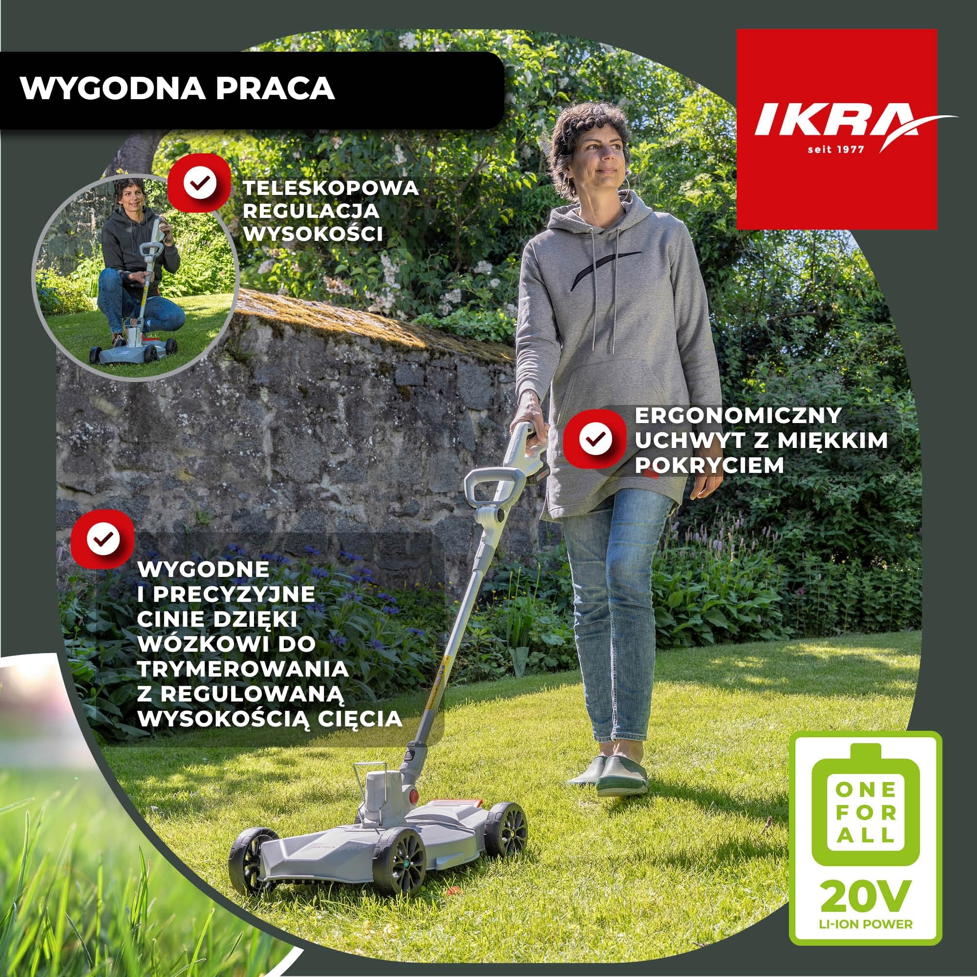 IKRA 2w1 Podkaszarka i kosiarka akumulatorowa IART 2030 F z żyłką | W zestawie akumulator 20V 2,0Ah i ładowarka, do małych trawników, system szybkiej wymiany,rodzina akumulatorów IKRA 20V