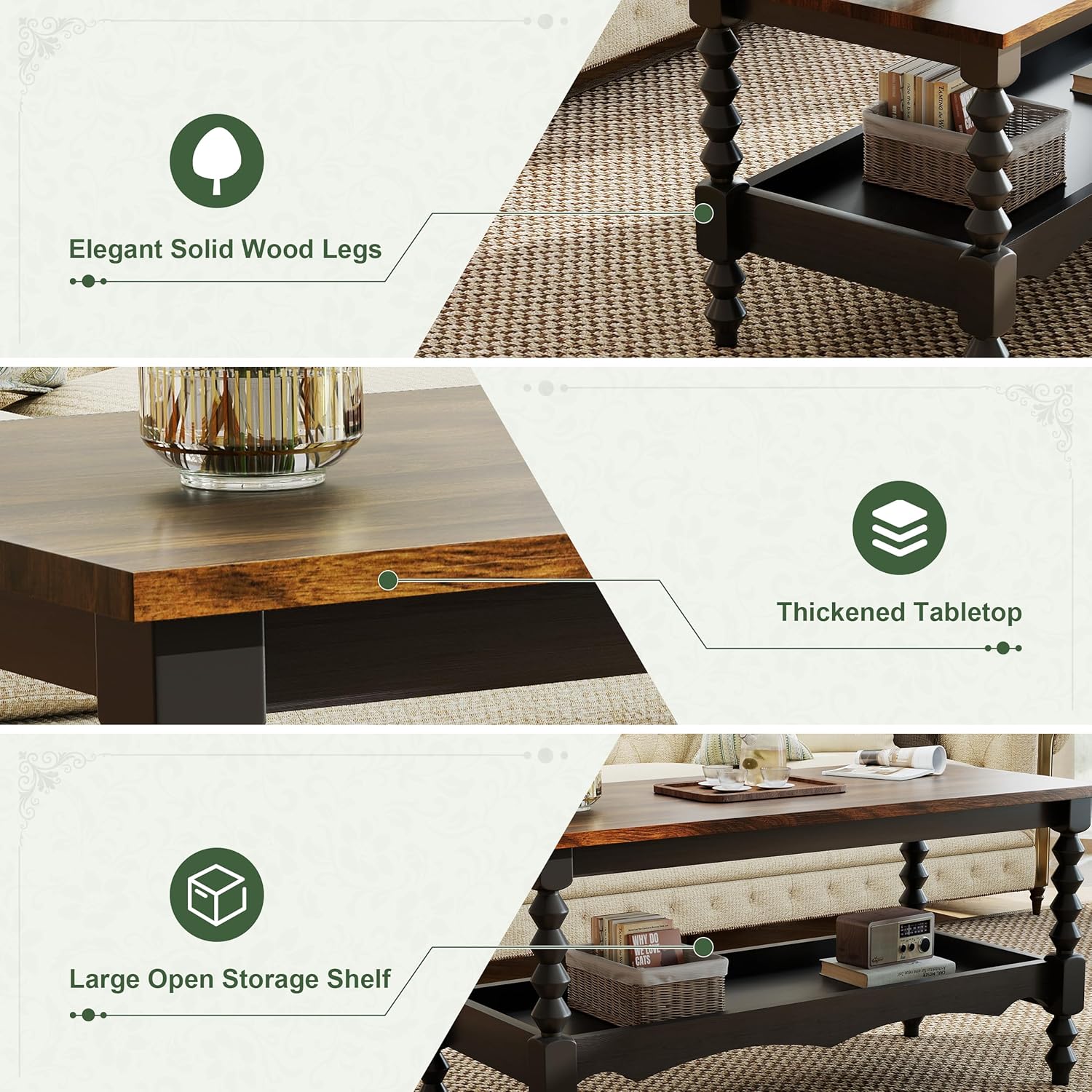 YOSHOOT 42" Farmhouse Coffee Table with Storage - Small Coffee Tables for Living Room Bedroom, 2-Tier Center Table with Solid Wood Legs and Thickened Top, Black