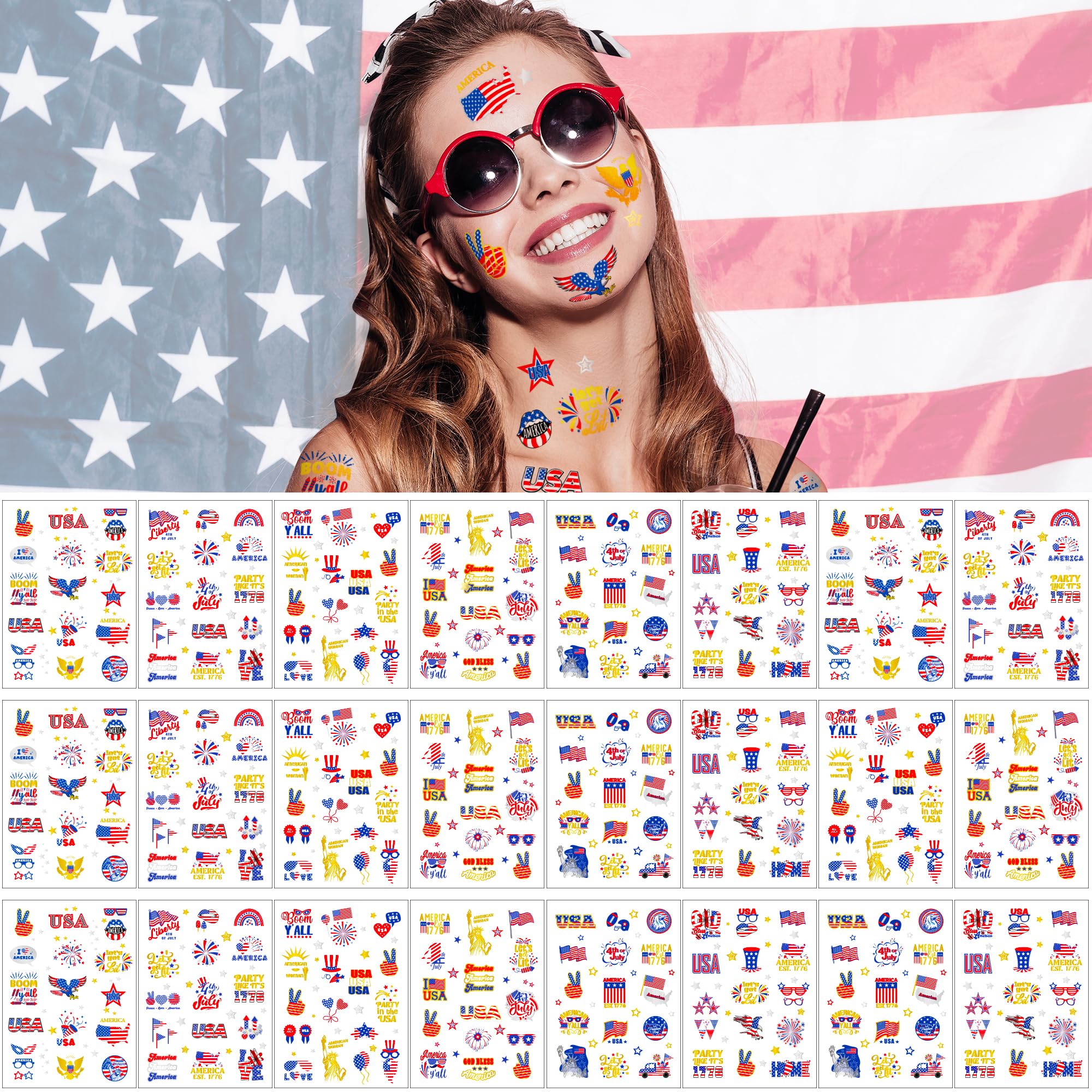 376 PCS 24 Sheets Independence Day Temporary Tattoo Sticker Bulk, 4th of July Party Supplies Photo Booth Props, Patriotic Parade Accessories, Long