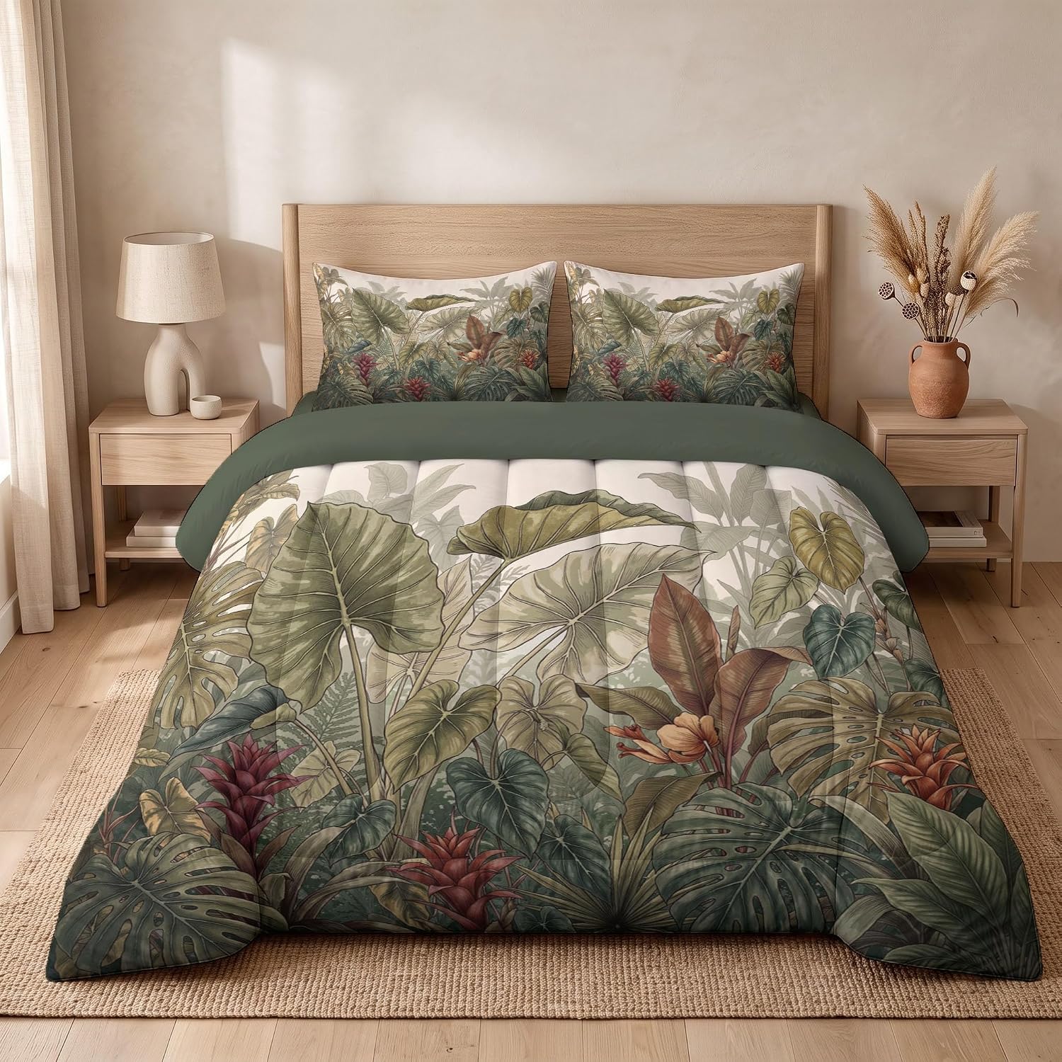 Retro Plants Comforter Set Twin Size, Tropical Palm Trees Print Breathable Bedding Set for Girls Boys Teens, Green Quilt Duvet with 2 Pillow Cases