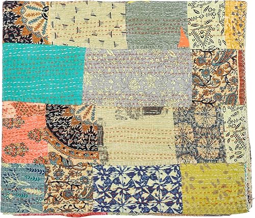 Vista 33 de Marubhumi Edredón tradicional indio de algodón puro, estampado de cachemira, colcha Kantha multicolor (multicolor-22, individual (60 x 90 pulgadas)
