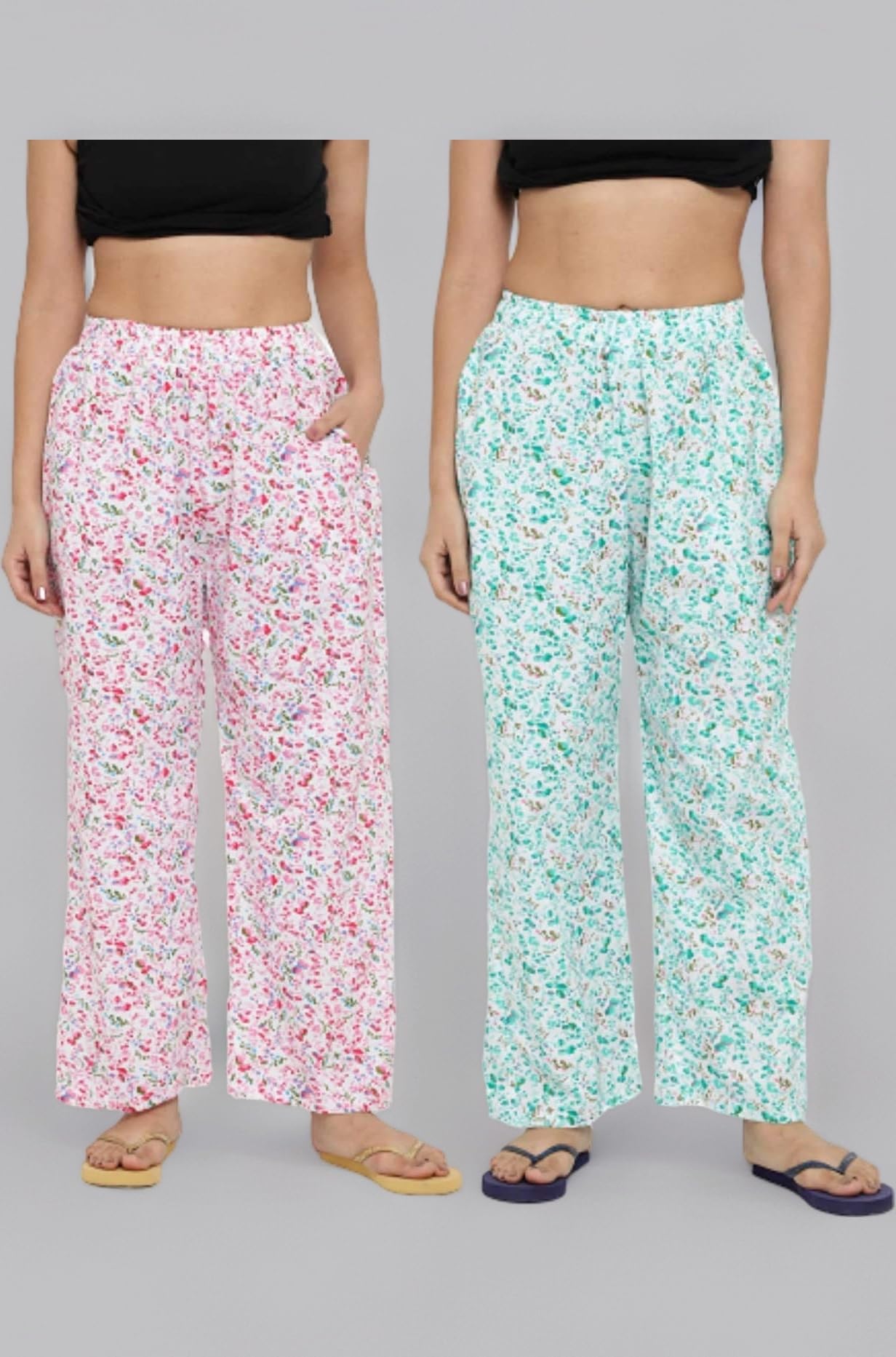 Women's Cotton Casual Style Printed Pyjama/Track Pant Lower (Pink & Green; Free Size) Pack Of 2 Relaxed