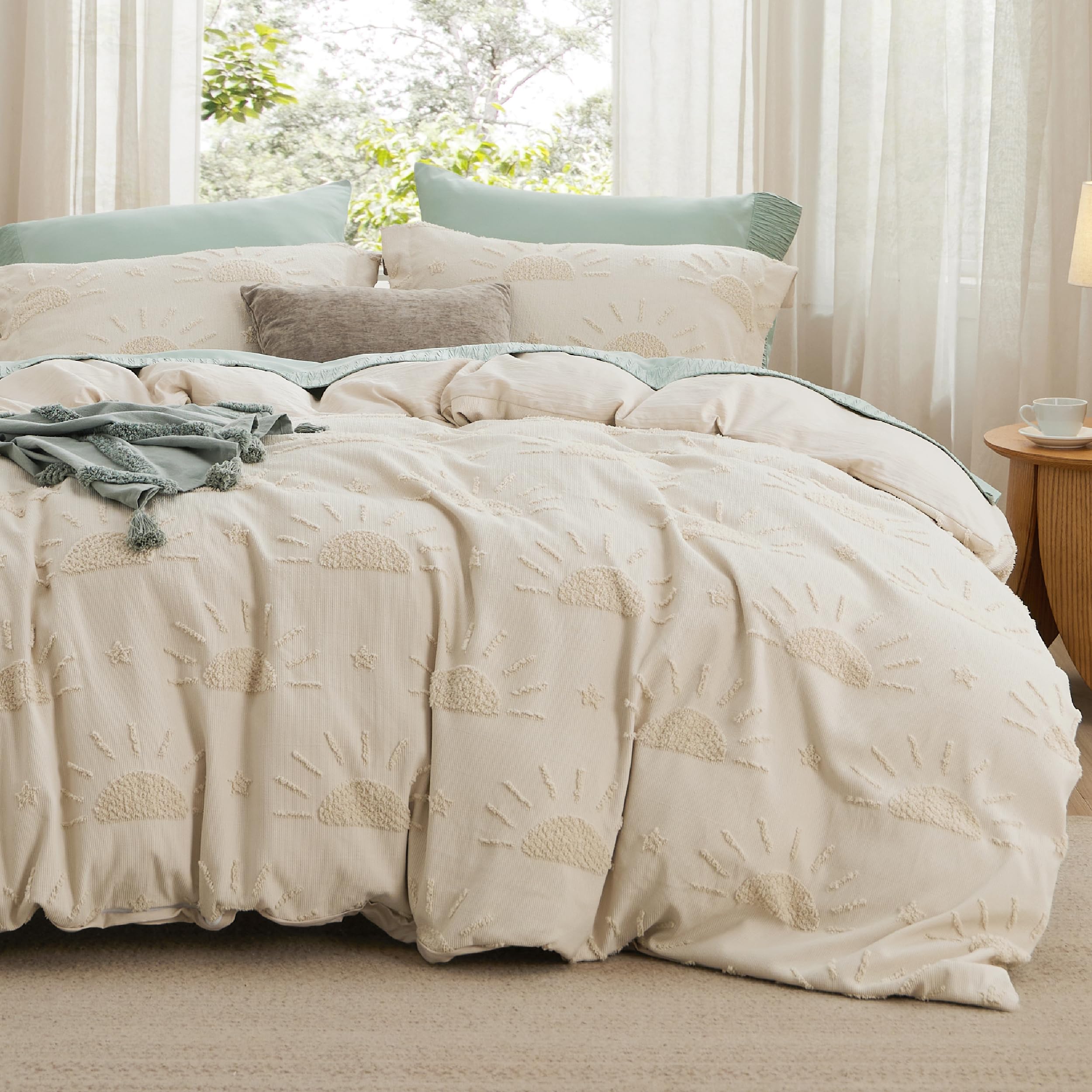 Bedsure Boho Duvet Cover - Boho Bedding Duvet Cover Set for All Seasons, Shabby Chic Jacquard Duvet Cover (Beige,Sun Design,Queen Size,90"x90")