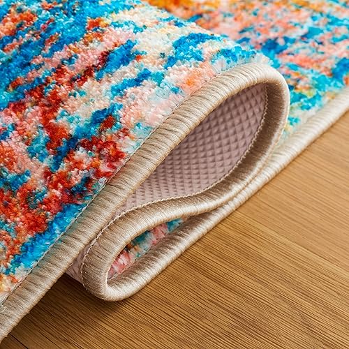 Miniatura 6 de SAFAVIEH Bahia Collection - Alfombra redonda, 6 pies 7 pulgadas, azul claro y rojo, diseño bohemio sobreteñido, no desprende pelusa y de fácil