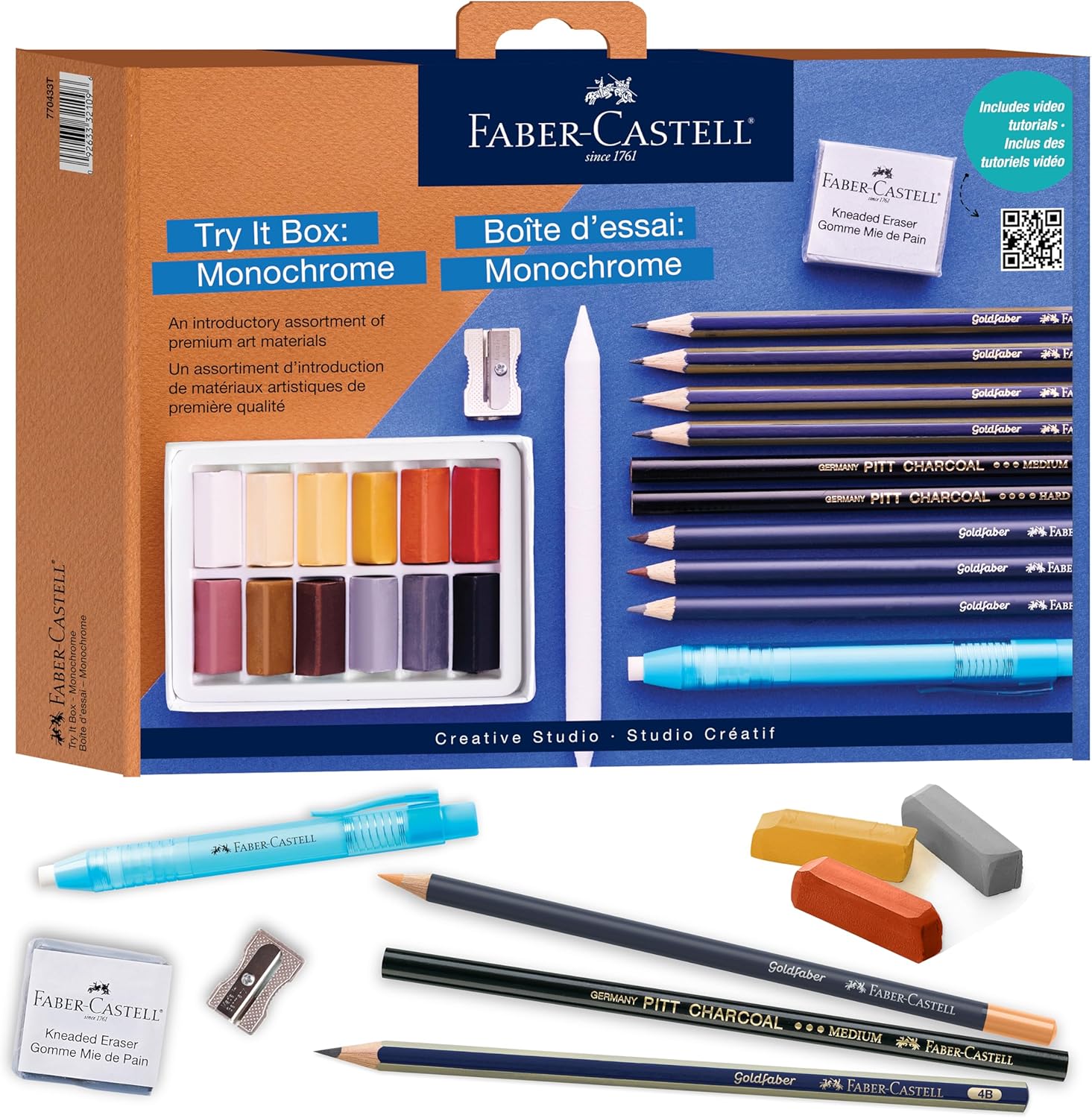 Faber-Castell Try It Box: Monochrome, 27 Piece Drawing Art Kit featuring Colored Pencils, Graphite, and Charcoal Pencils, Professional Art Supplies for Adults, Teens, and Beginners