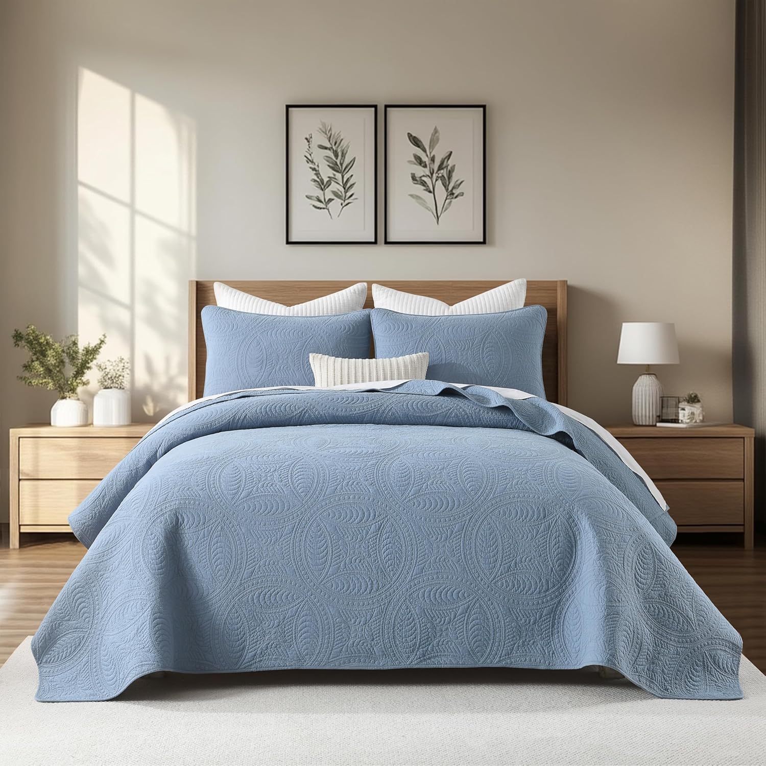 Homzard California King Size Quilts Bedding Set,100% Cotton Dusty Blue King Size Comforter Set,Coin Pattern Bedspread Set,Solid Modern Farmhouse Bedding Coverlet 3 Piece Bed Set, All Season