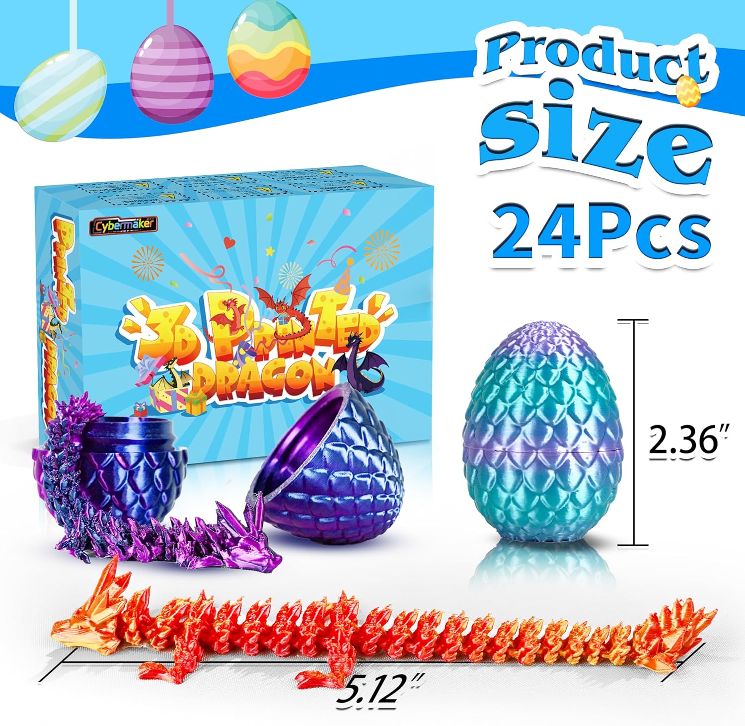 24PCS 3D Printed Dragon Toys Eggs with Dragon Inside, Basket Stuffers for Boys & Girls, Easter Theme Party Favors, Easter Egg Hunt, Classroom Prize Supplies Gifts