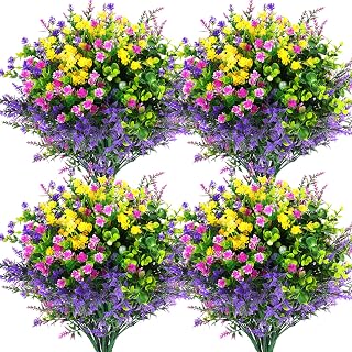 Hananona 12 Pack UV Resistant Artificial Outdoor Flowers - Realistic Faux Plastic Daisies in Fuchsia, Purple, Yellow, Green for Porch, Hanging Baskets