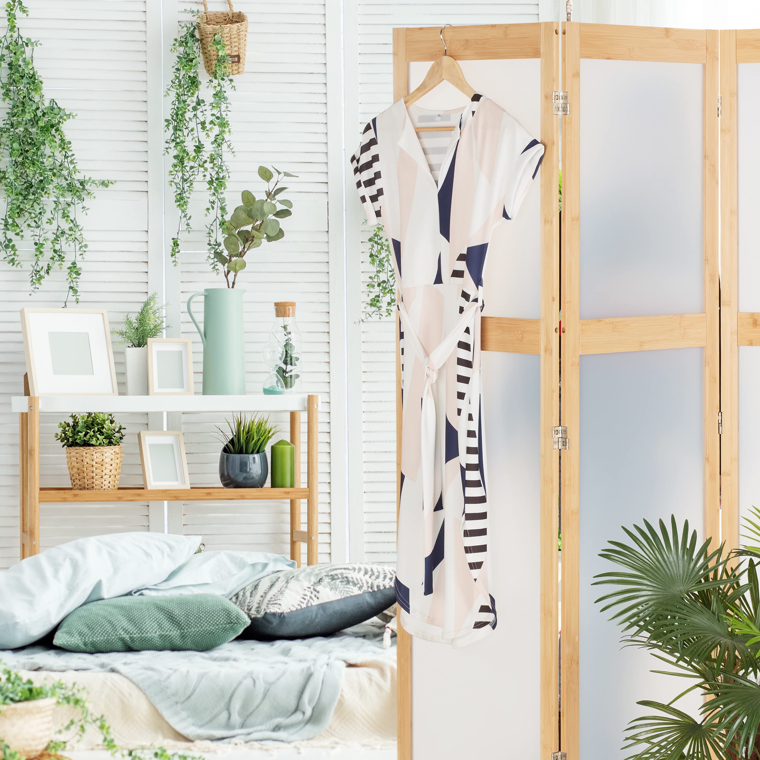 Relaxdays Biombo 3 Paneles Plástico y Bambú, Divisor Espacios Plegable, 168x135,5 cm, Tabique Interior, Natural y Blanco