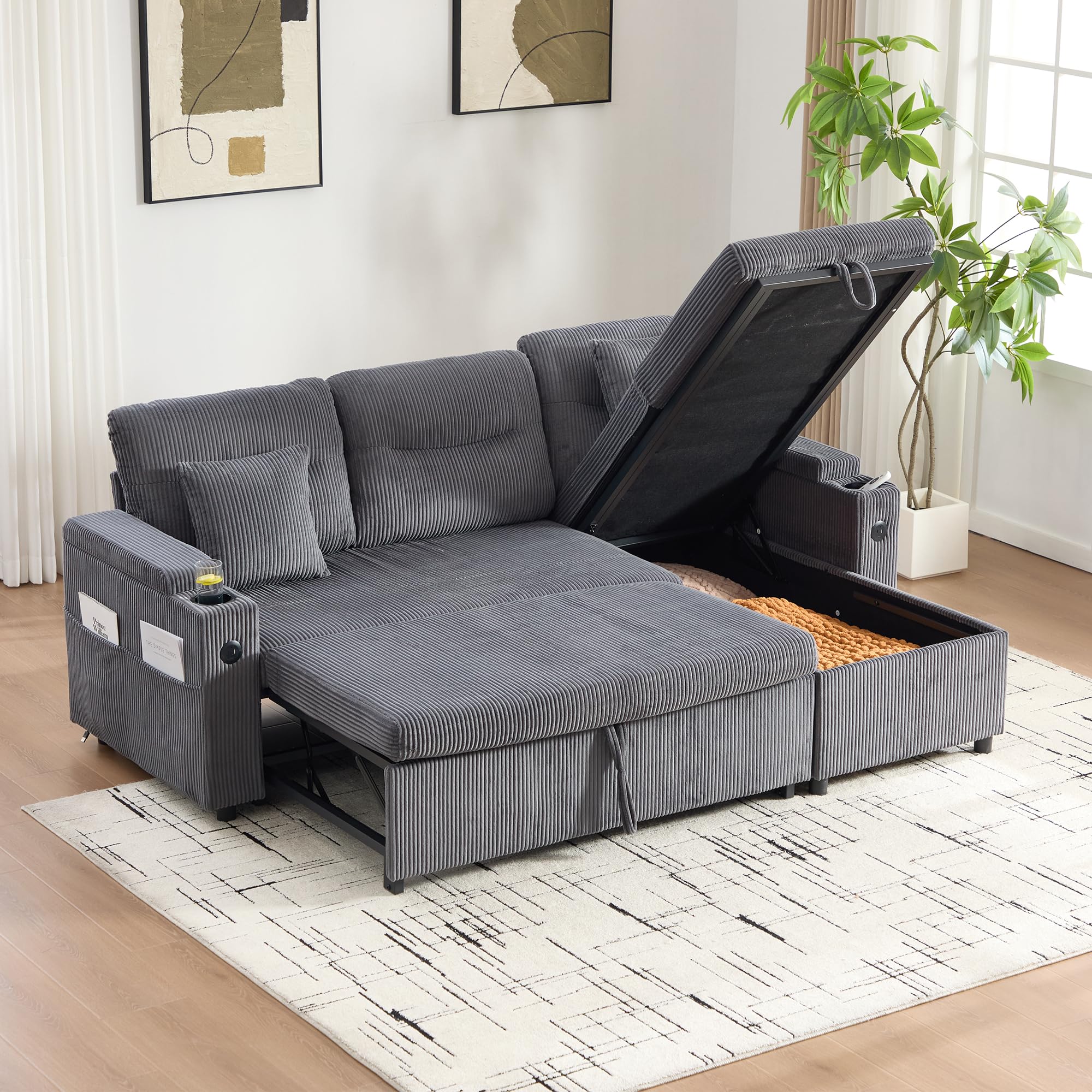 Sapgaks Canapé d'angle Convertible en L avec Espace de Rangement,Porte-gobelets et USB-C,Canapé lit Pliant Moderne,canapé Convertible 3 Places en Velours côtelé (H-Gris Carbone)