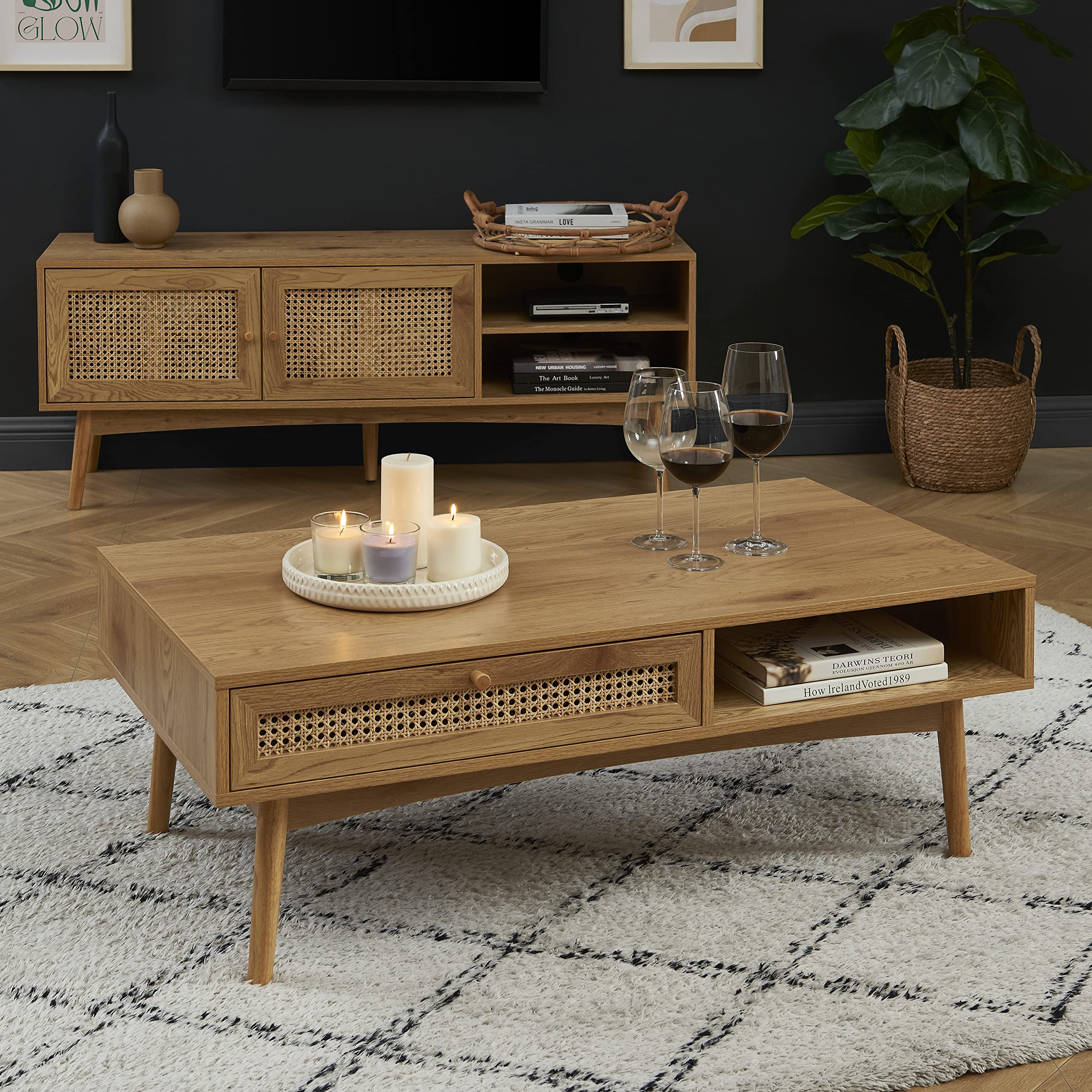 BAÏTA INES Console Oak Effect and Rattan Weave Beech Wood 100cm