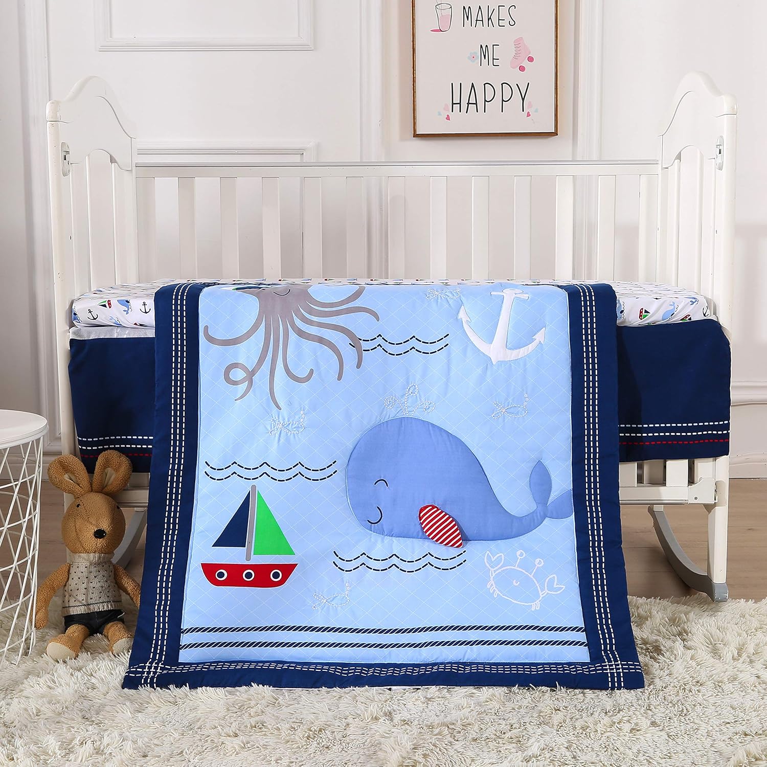 Wowelife Whale Crib Bedding Sets Sea Octopus 3 Piece with Comforter, Fitted Sheet and Bed Skirt(Blue-3 Piece) : Baby