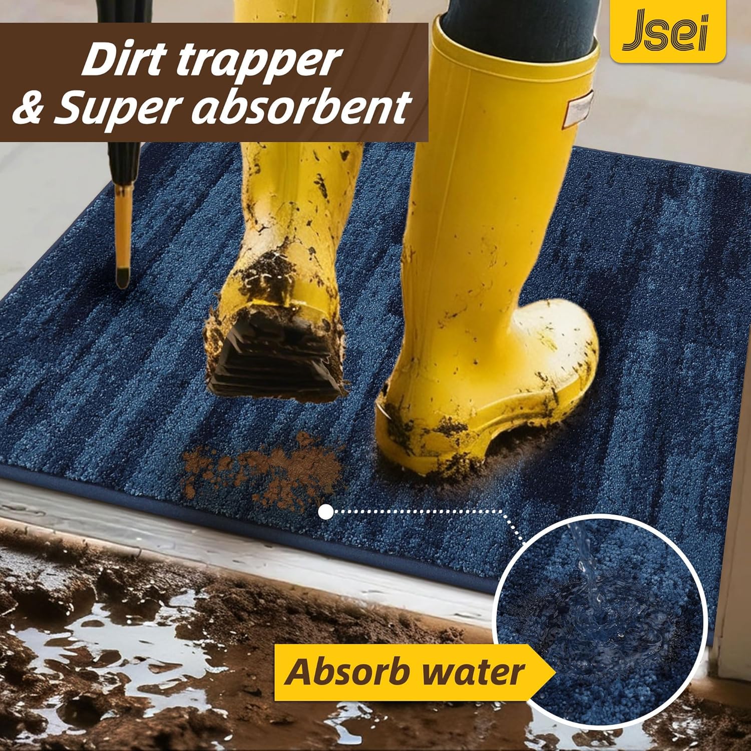 JSEI Dirt Trapper Door Mat 36"x60", Non-Slip Doormats Washable Entryway Mat, Welcome Floor Mat Absorbent Low Profile Dog Door Mats for Front Back Door, Wet Shoes & Paws, Blue