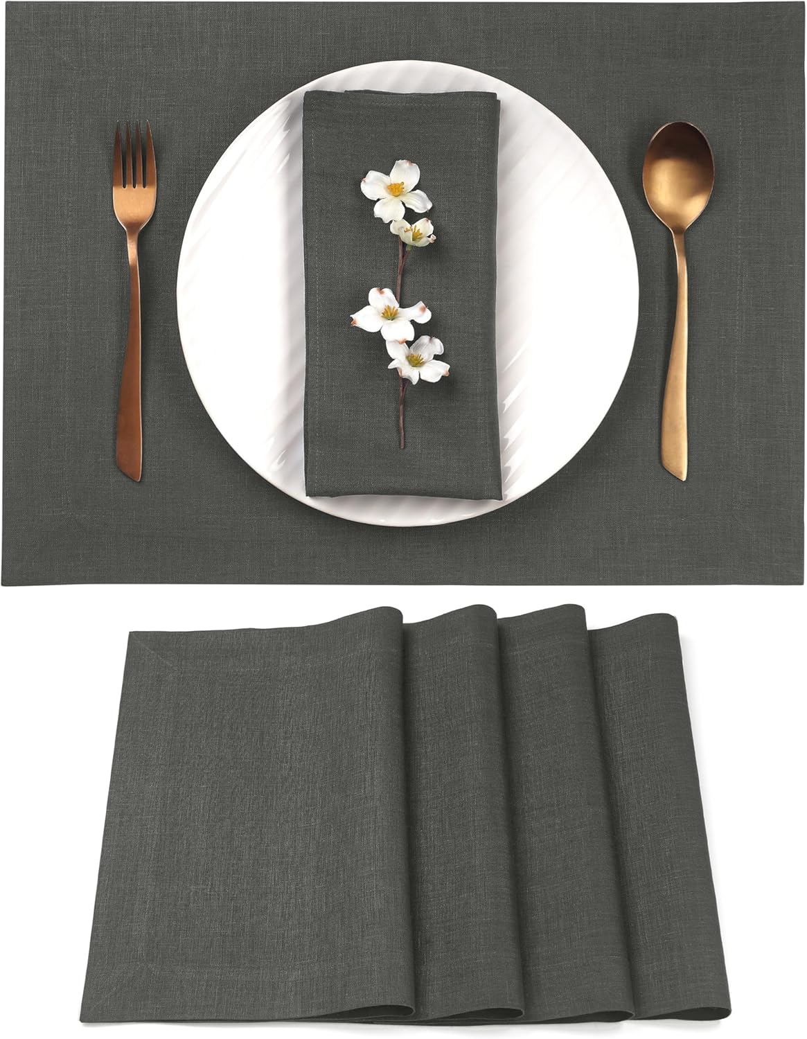 D'Moksha Homes Linen Charcoal Grey Placemats Set of 4-100% Pure Linen Placemats 14 x 19 Inch for Spring, Easter - Handcrafted and Machine Washable