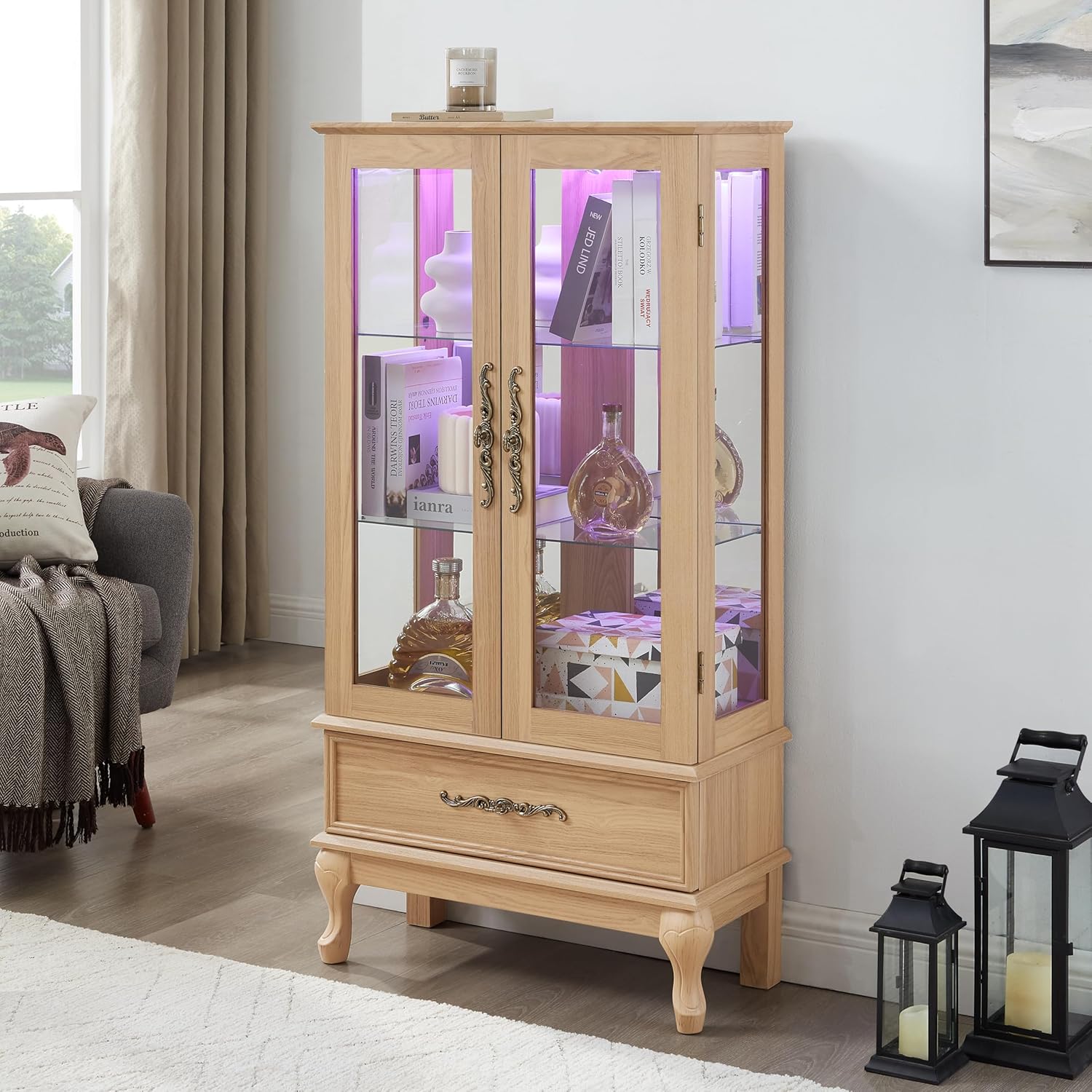 Glass Display Cabinet with Glass Doors - Curio Display Case with Adjustable Shelves, Storage Drawer, Corner Living Room Collectibles Wood Frame Vitrinas Cabinets,Kitchen, Pantry,Home,LightOak