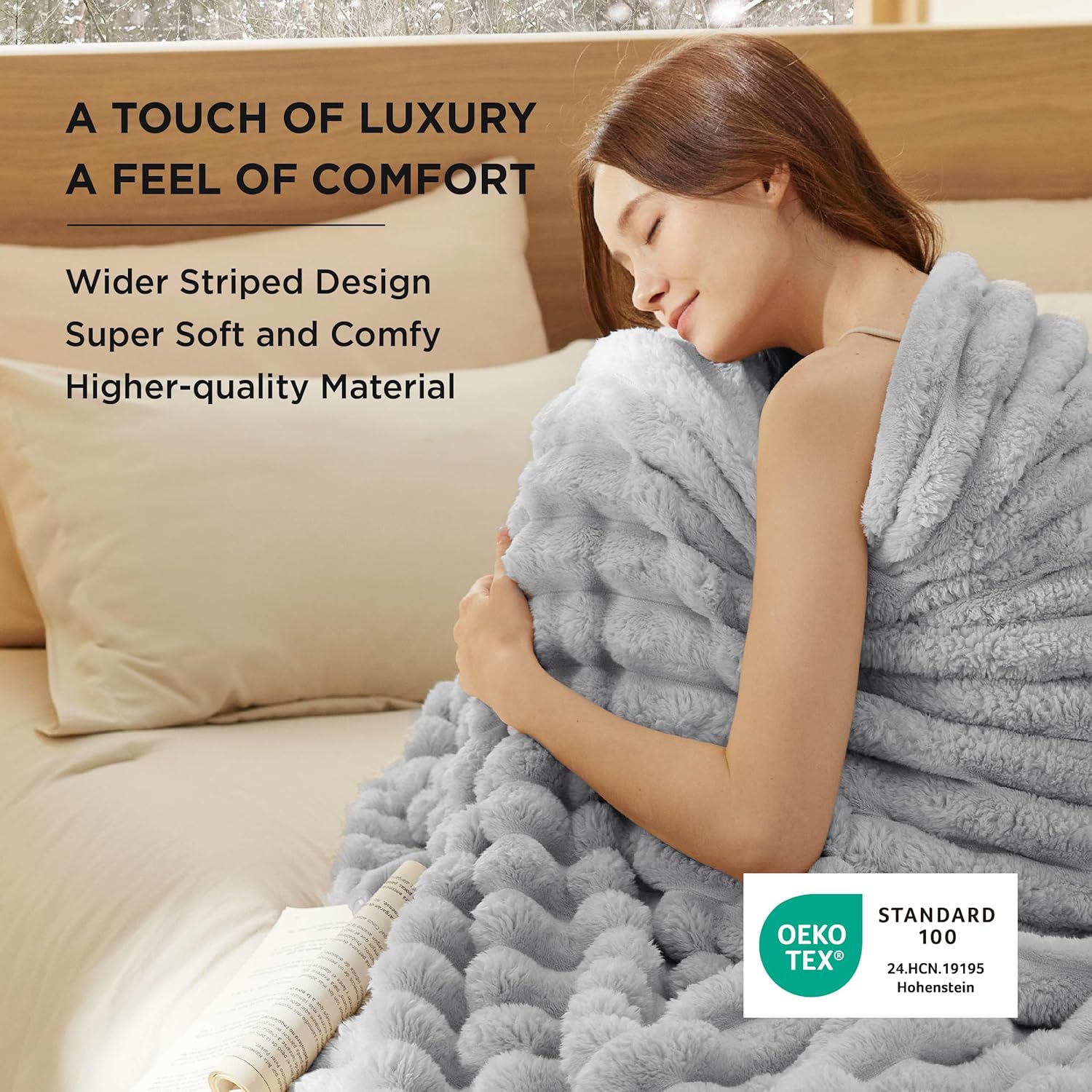 Bedsure Blankets Queen Size for Bed - 350GSM Super GentleSoft Fuzzy Fluffy Cozy Blankets for Women, Cute Large Plush Fleece Throws for Girls, Light Grey，90x90 Inches, Wider Striped Design