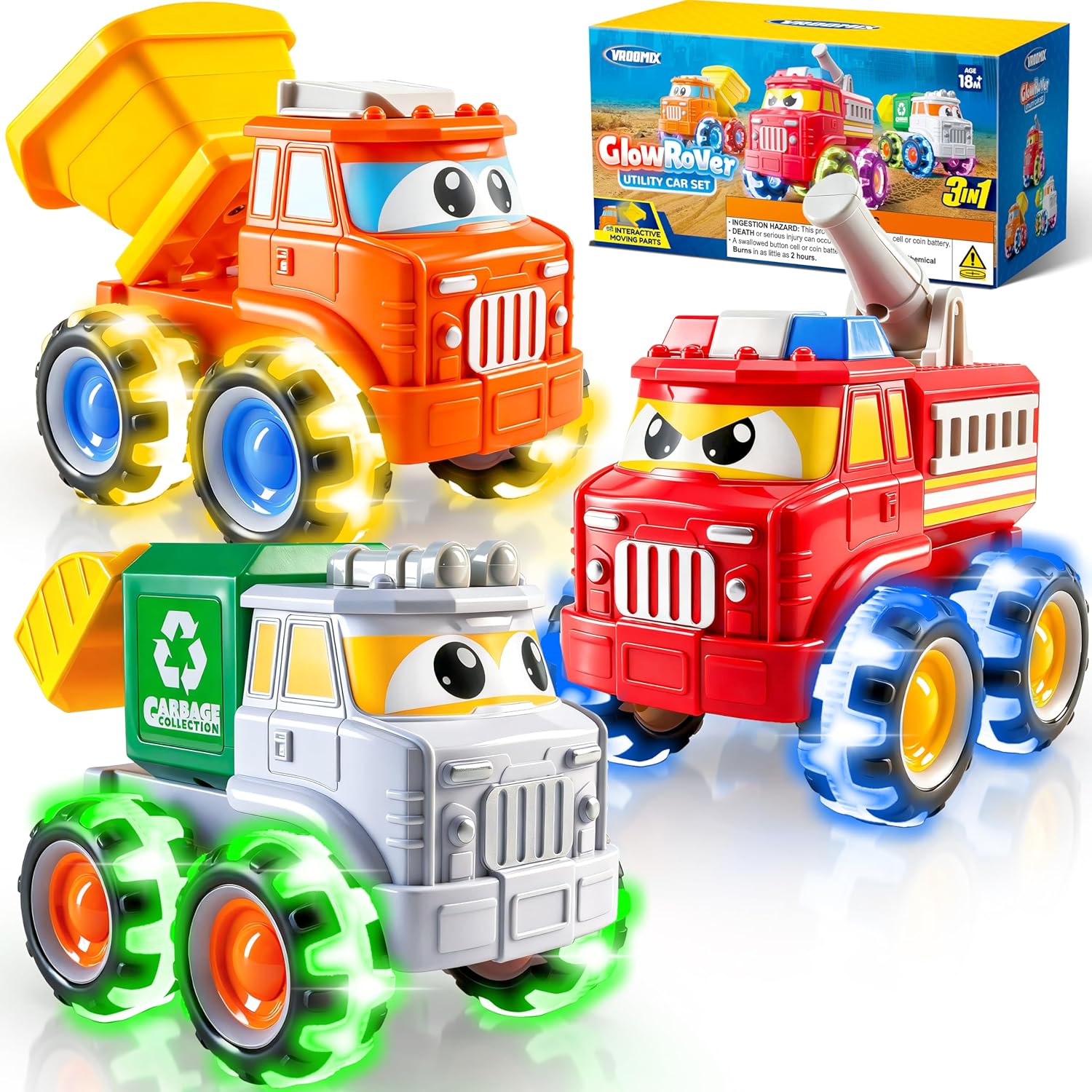Vroomix JOVA GlowRover 3 Pack Monster Truck Toys, City Utility Cars with Flashing LED Light Up Wheels, Friction Powered Cars for Toddlers Boys Girls Age 2 3 4 5 6 7 Years Old Birthday Gifts