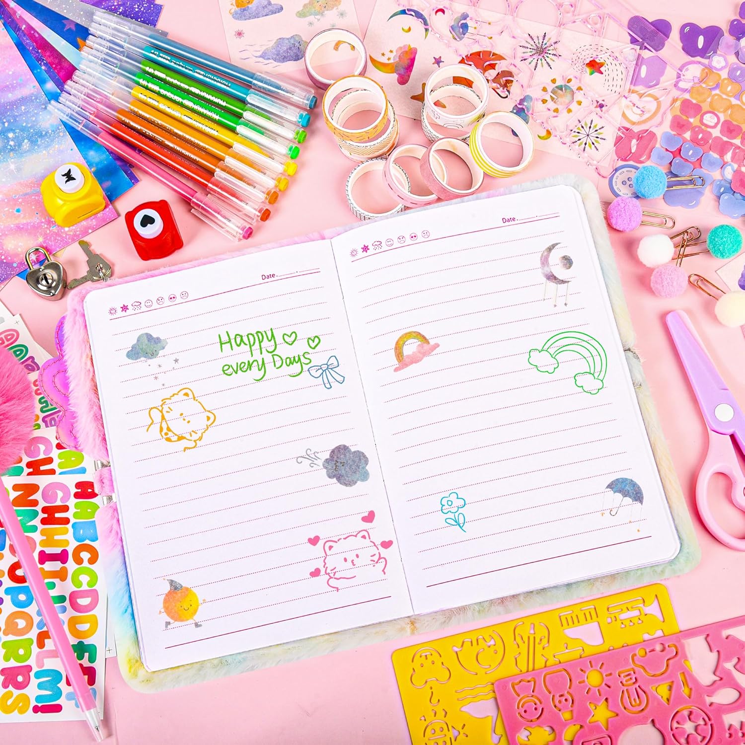 LiYiQ Plush Axolotl Diary Gift Travel Journal Secret Diary with Scrapbook Paper Stickers Journal Stencils Pompom Pen and Washi Tape Practical Set Gift for Birthday Christma - Image 3