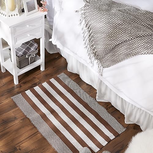 Miniatura 5 de DII Woven Rag Rug Collection - Alfombra de hilo reciclado a rayas, 2 x 3 pies, color marrón cuero