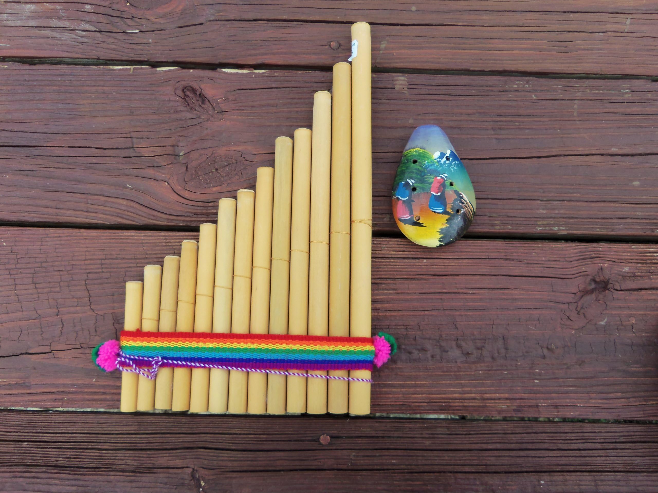 Bamboo Large Professional Quality Straight Style Pan Flute Antara Siku 13 Pipe 12.5"x7.5" with 6 Note Mountain Scene Ocarina