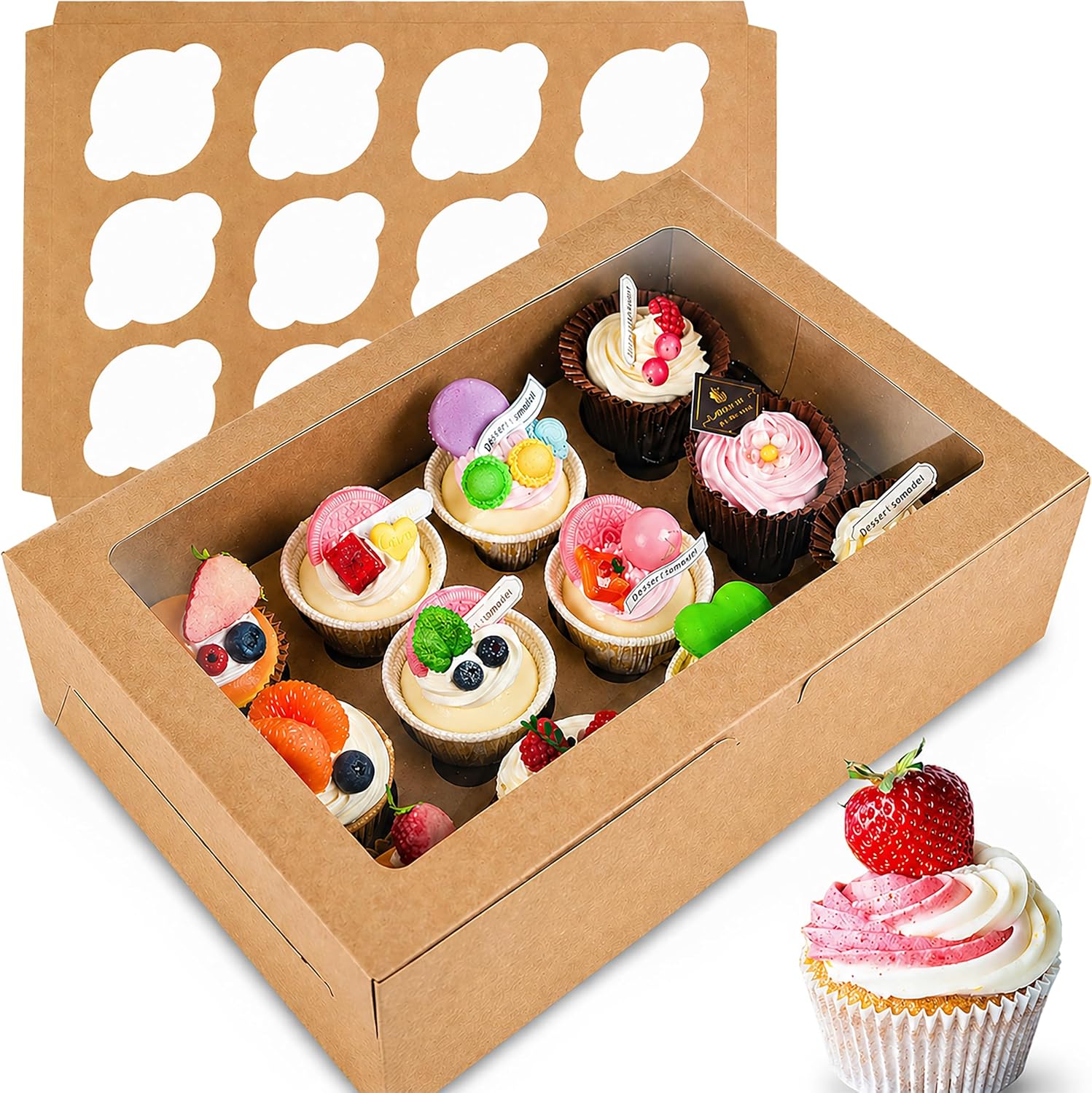 NPLUX 24 Pack Cupcake Boxes, 12 Count Cupcake Containers with Window and Cardboard, Food Grade Cupcake Carrier For Muffins Cupcakes Desserts (White 13.8×9.5×4 In)