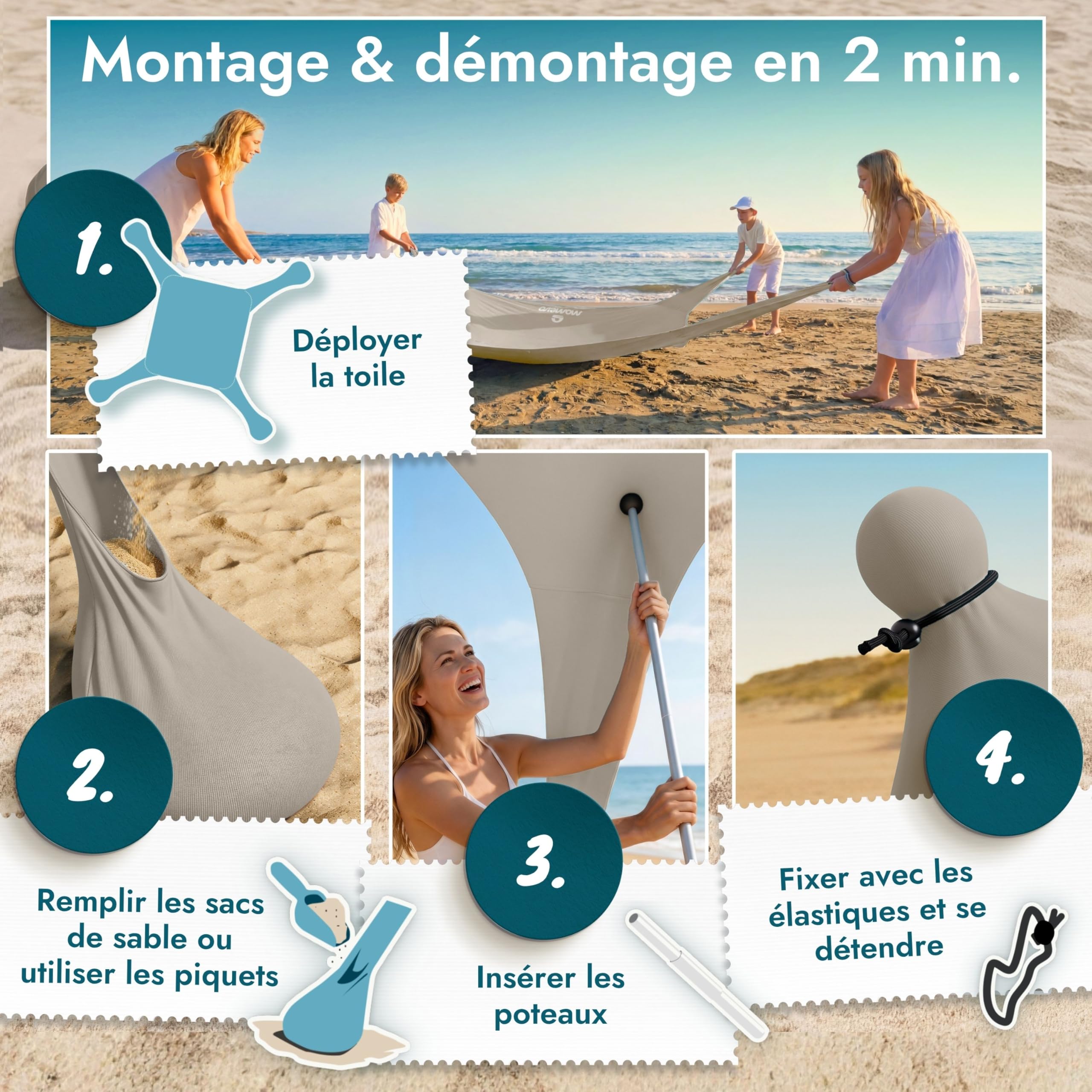 Tente de plage avec voile d’ombrage – Abri de plage avec protection UV UPF50+, stable au vent et léger, tente de plage nouvelle génération (2 barres, Sable)