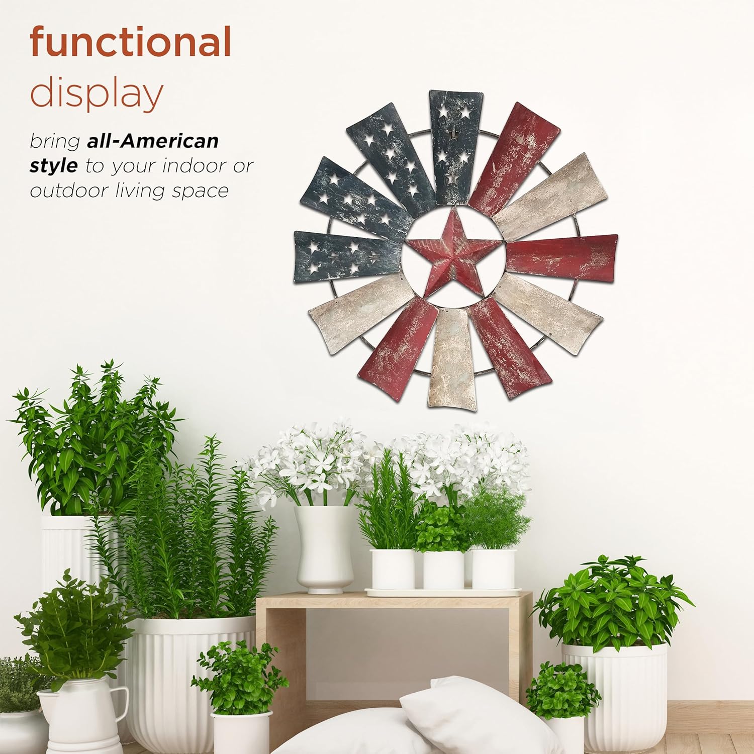 Alpine Corporation 21" Tall Indoor/Outdoor Patriotic Windmill Wall Art Decor