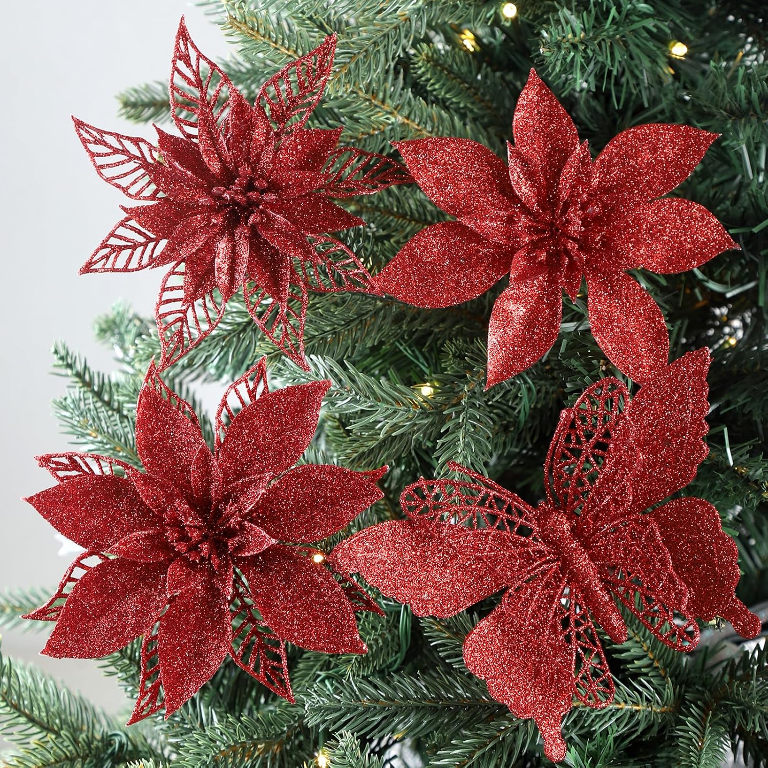24PC 5.5" Red Artificial Poinsettia Christmas Flowers, Glitter Christmas Decorations for Xmas Tree Wreath Fireplace New Year Home Decor (Red)