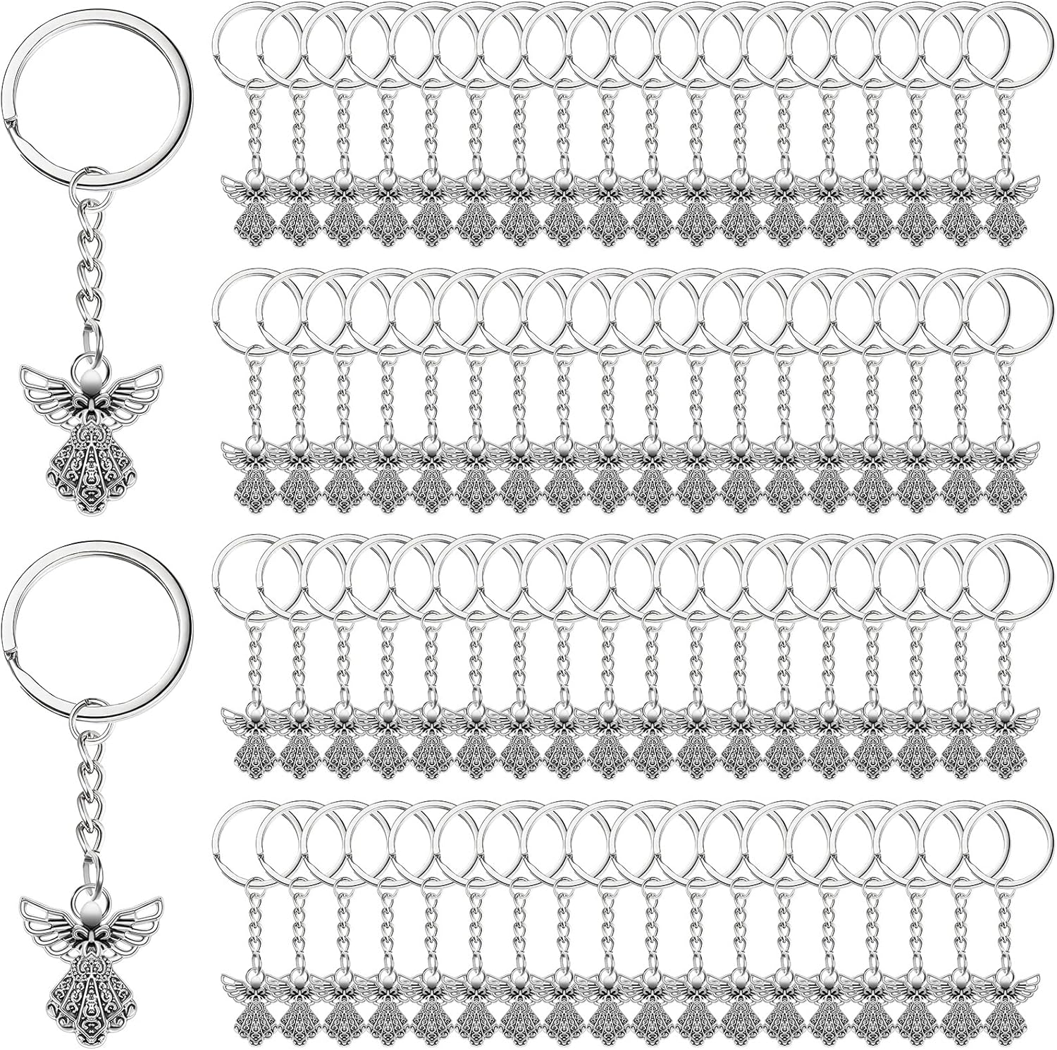 Therwen 200 Pcs Guardian Angel Keychain Silver Angel Charm Keychain Pendant Baptism Favors Key Ring for Women Funeral Party Gifts Arts and Crafts, 3.15 Inch