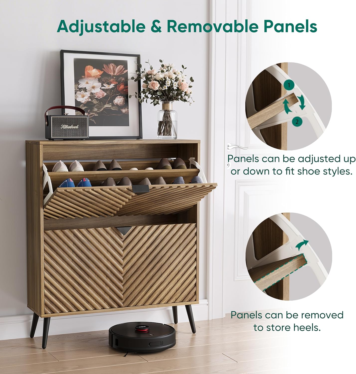 Smuxee Walnut Shoe Cabinet with 2 Flip Drawers, 31.5" Hidden Shoe Storage Cabinet with Fluted Diamond Doors, Freestanding Shoe Organizer Cabinet for Entryway, Hallway, Living Room