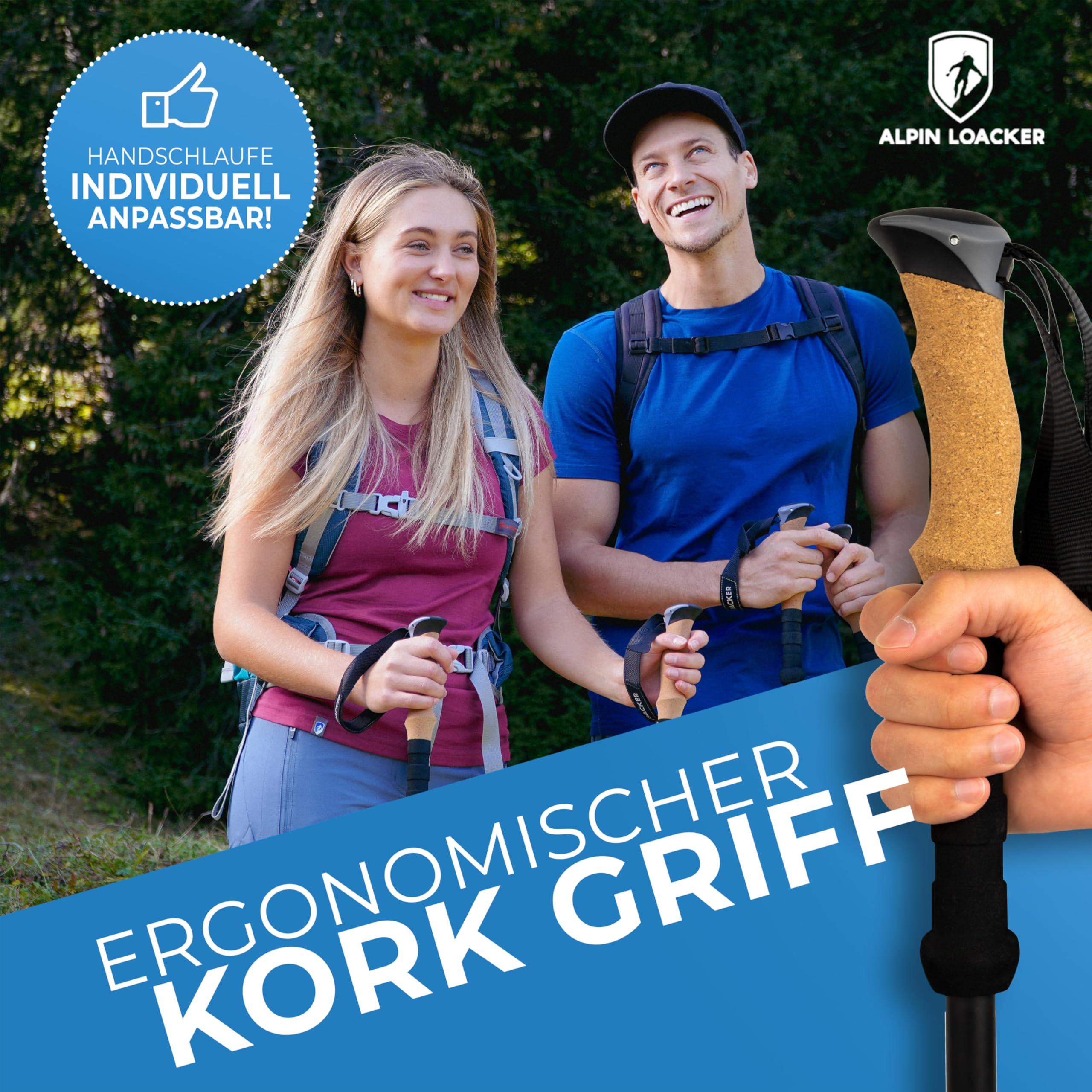 ALPIN LOACKER Wanderstöcke faltbar Carbon oder Aluminium mit Korkgriff I Nordic Walking Stöcke Damen & Herren I Leichte Faltbare Trekkingstöcke Teleskop für Bergsport