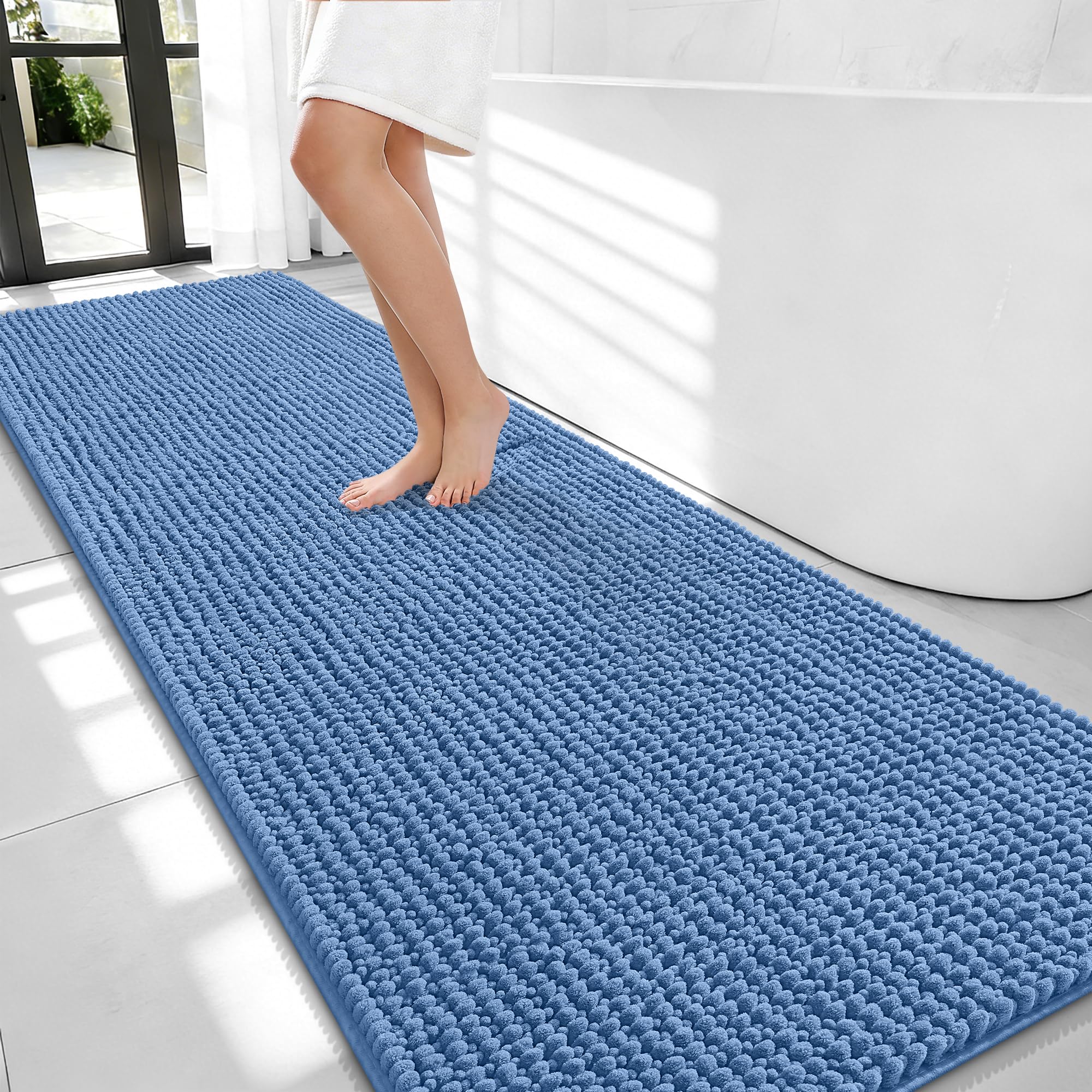 OLANLY Thick Chenille Bathroom Runner Rugs Mats 70x24, Cornflower Blue