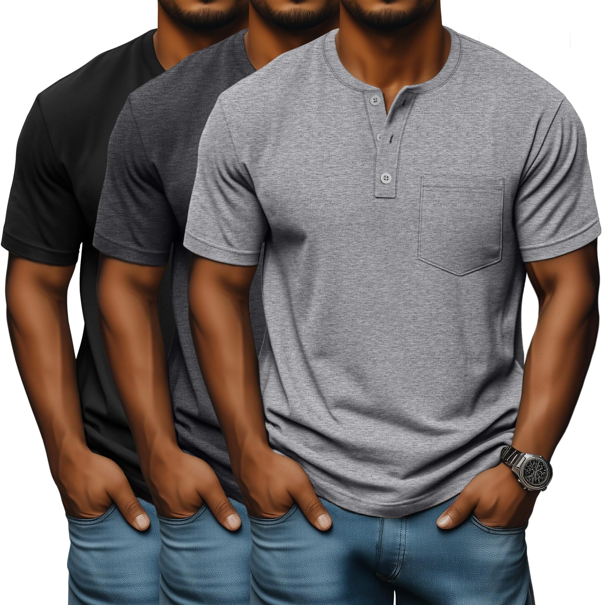 3 Pack Men's Big and Tall Henley T-Shirts, Short Sleeve Pocket Oversized Tops Casual Summer Soft Loose Basic Tees