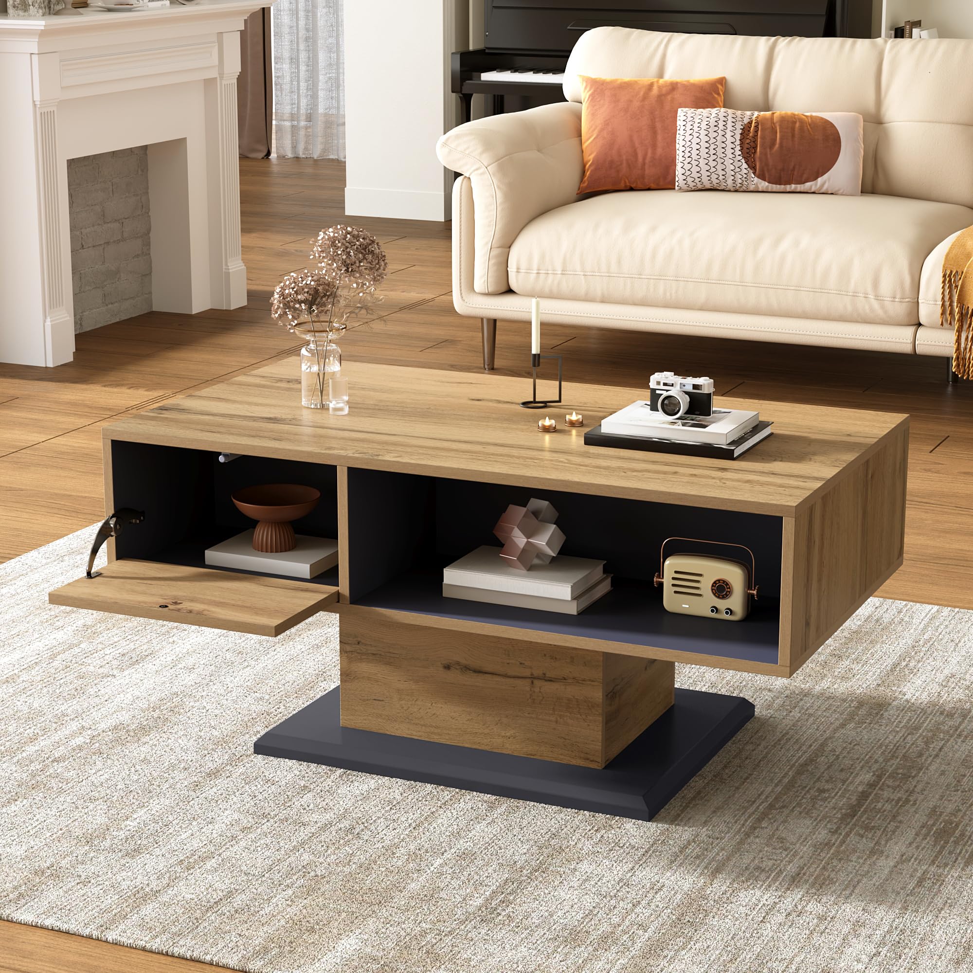 Merax Couchtisch mit doppelseitigem Stauraum 100x50x46,5 cm, Wohnzimmertisch mit großem Ablagefach, Innenfach & Holzoptik, Sofatisch minimalistisch