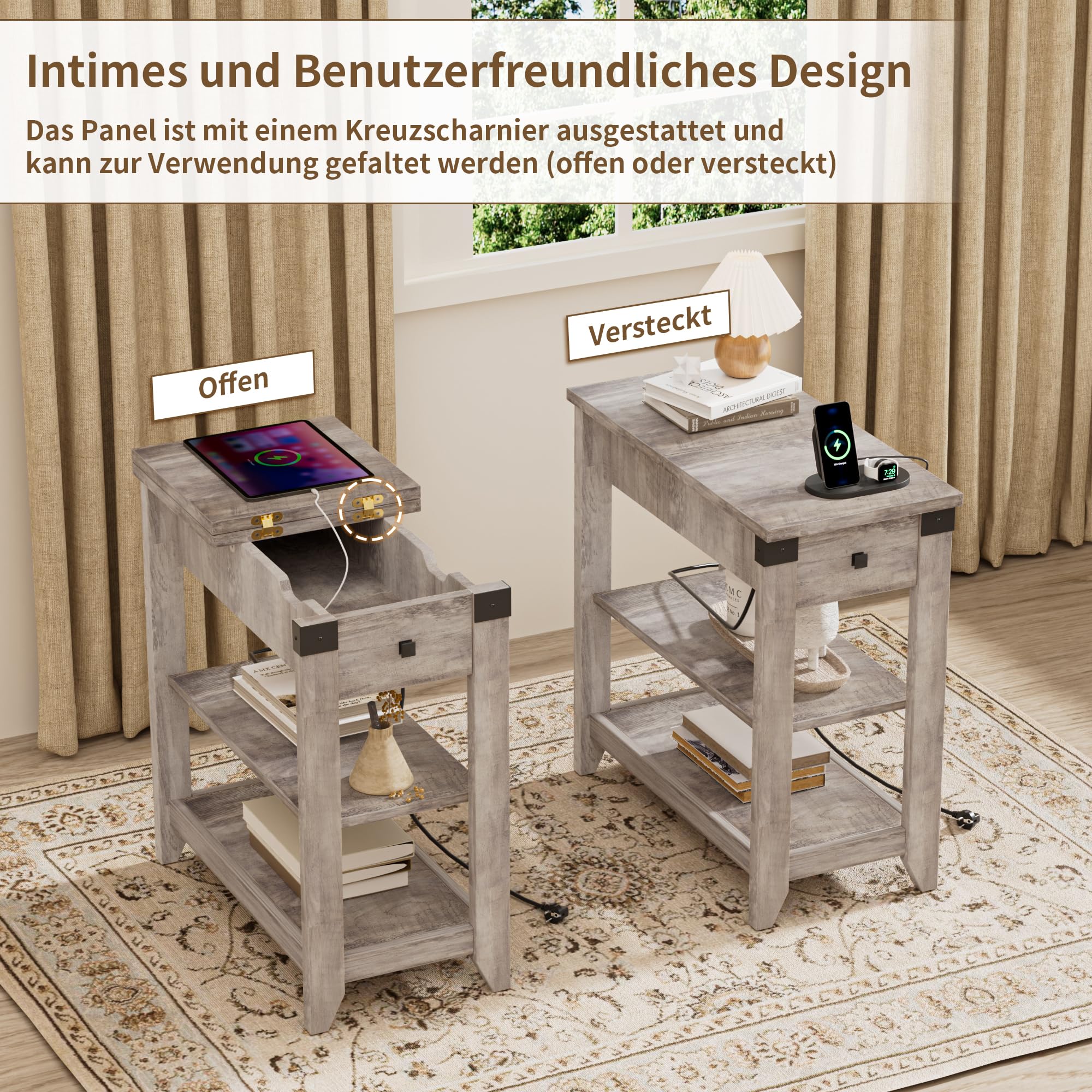 BonVache Beistelltisch, Nachttisch mit Ladefunktion, Sofatisch Klein, Schmal Couchtisch mit Ablage, 1 Schubladen, Zeitschriftenhalter, Nachtschrank für Wohnzimmer, Schlafzimmer, Grau