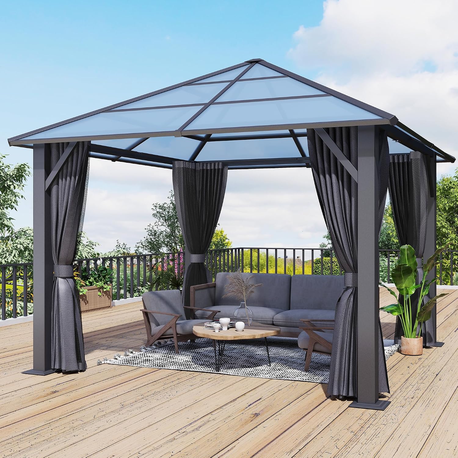 10'x10' Hardtop Gazebo, Outdoor Polycarbonate Roof Gazebo, Heavy Duty Metal Permanent Pavilion with Curtains & Netting for Backyard, Patio, Deck (Polycarbonate Top)