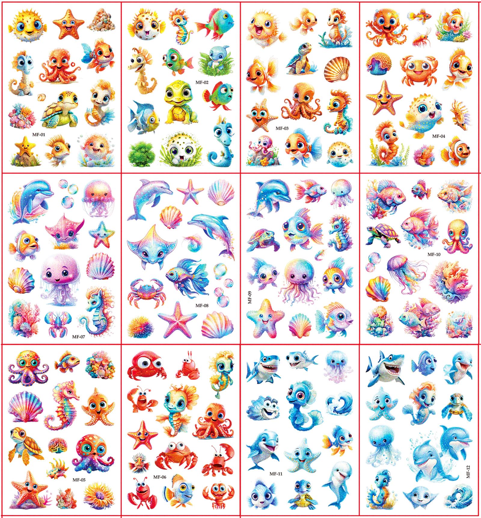 Ocean Glitter Tattoo for Kids 12 Sheets Temporary Tattoos for Kids Gifts for Girls Boys Ocean Party Decorations - Image 2